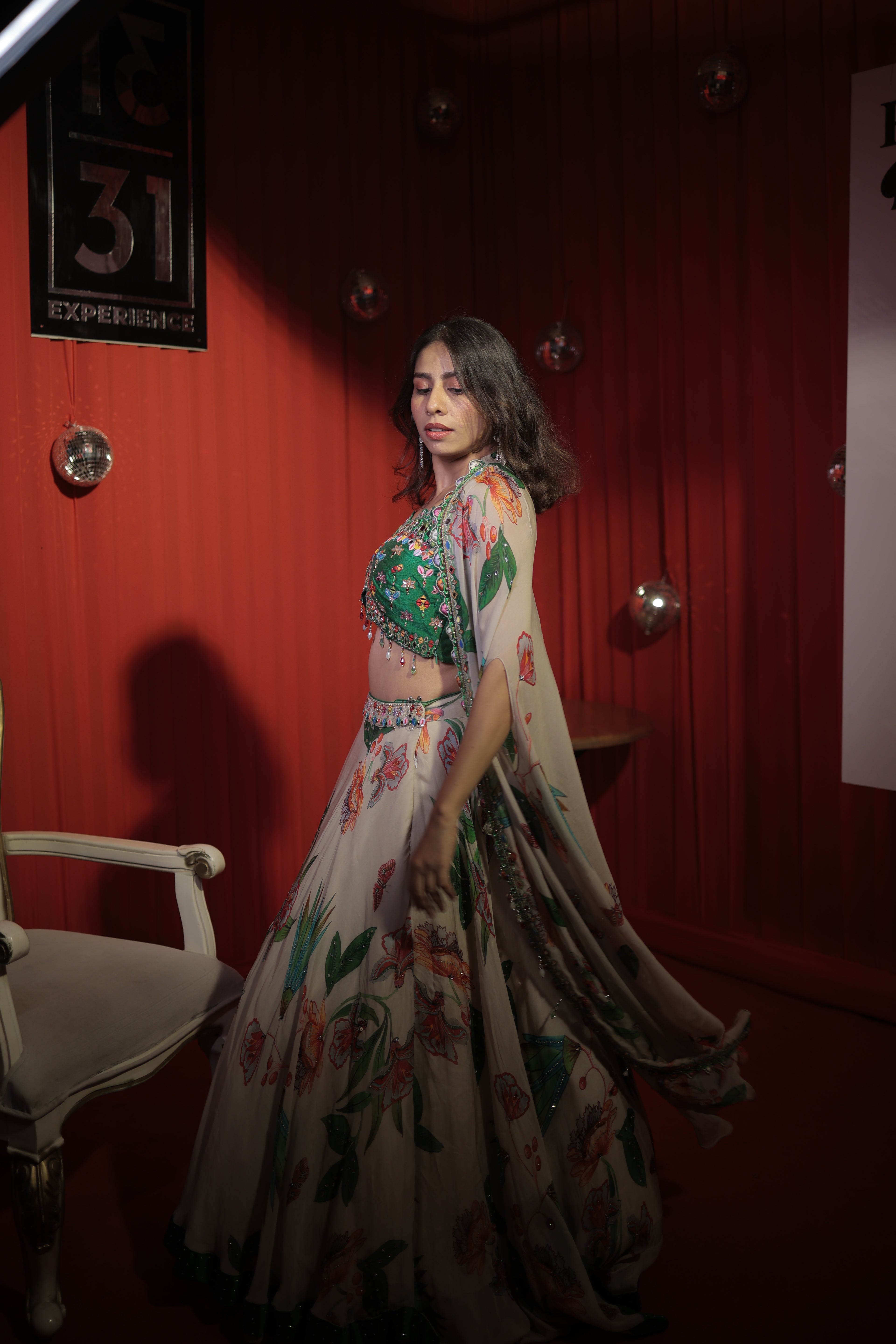 Tropical Bloom Printed Lehenga with Hand-Embroidered Cape Blouse