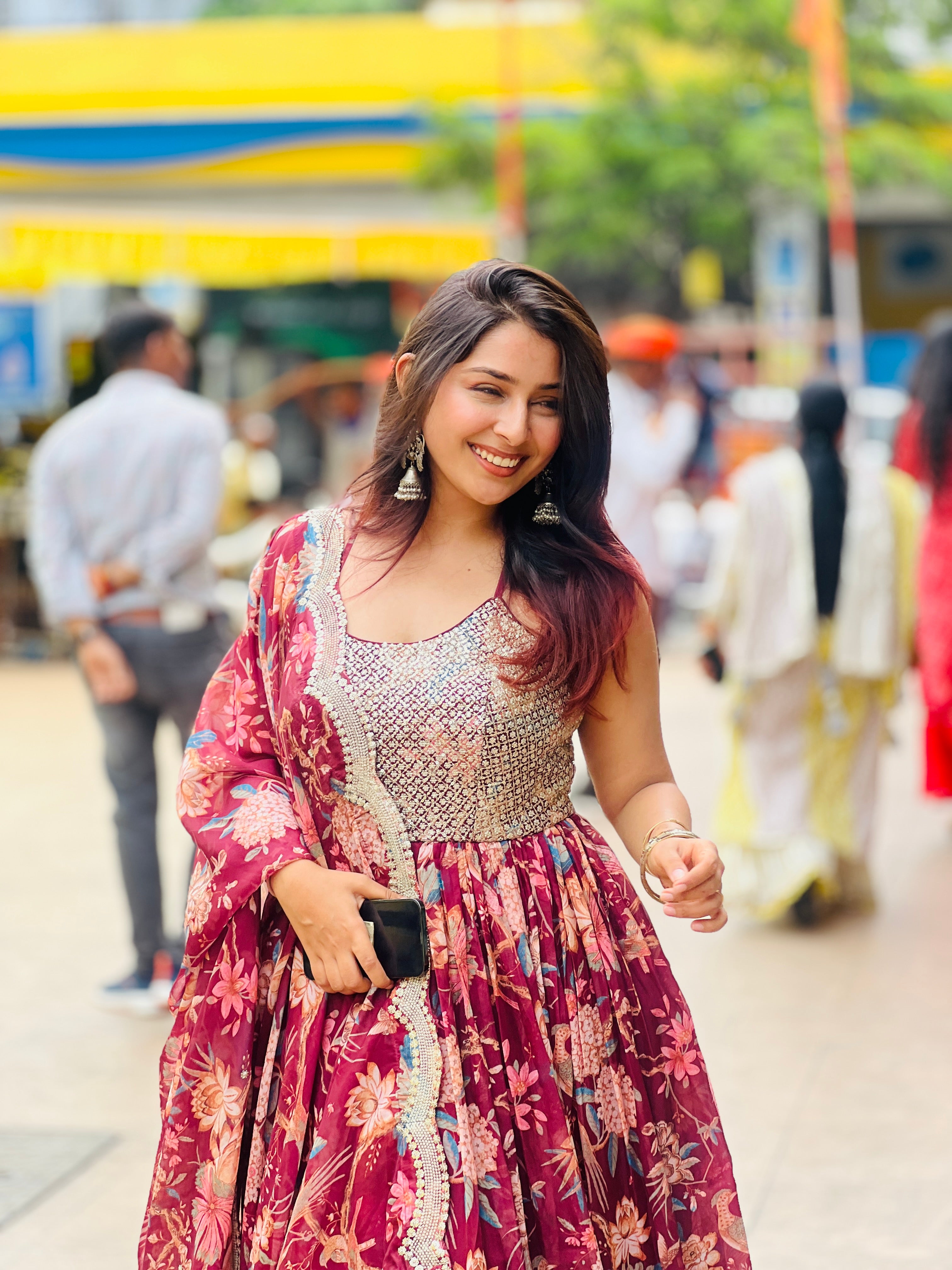 Maroon Floral Embroidered Anarkali Set