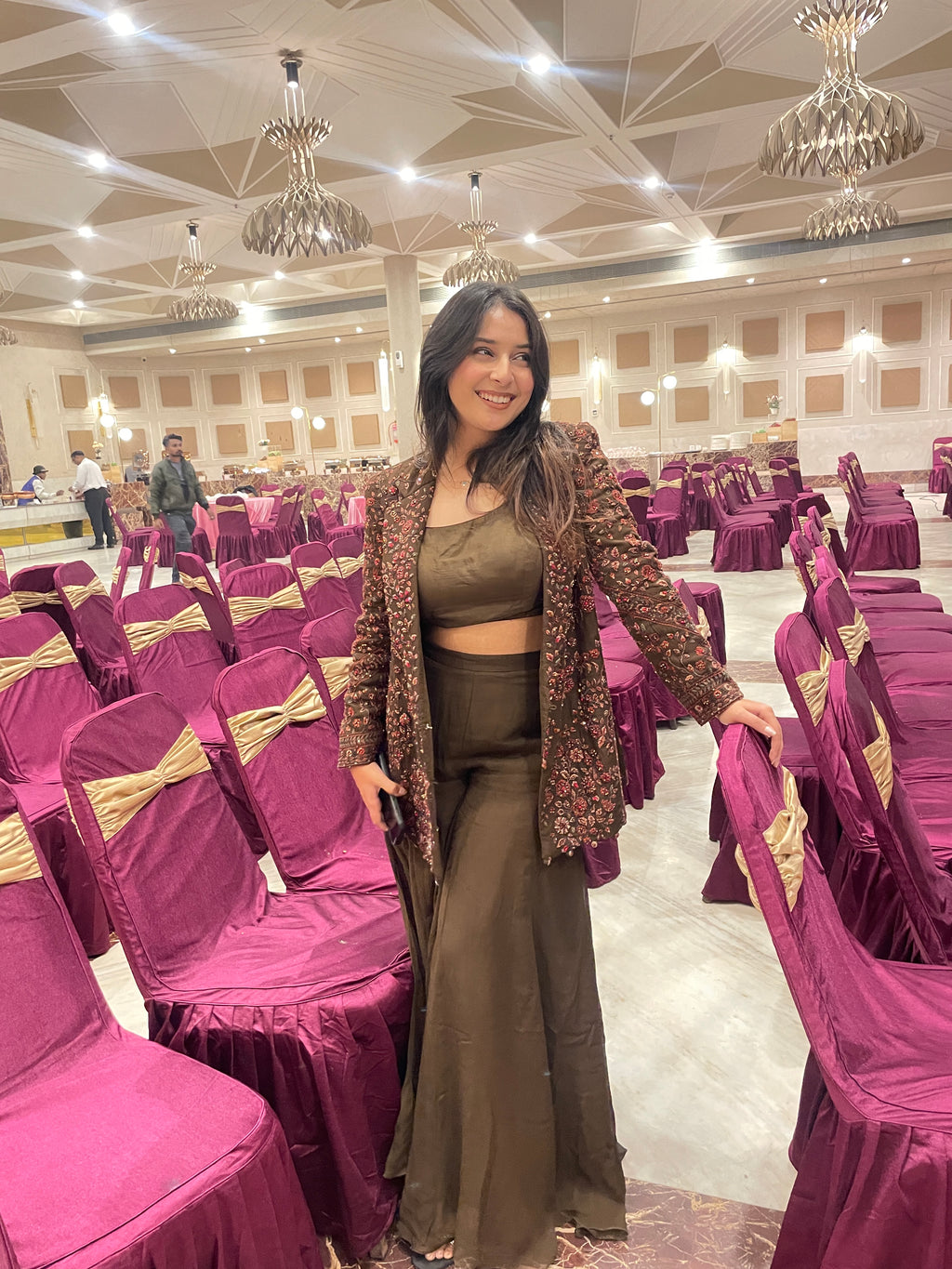 Olive Floral Palazzo With Full Work Jacket X Orepiya