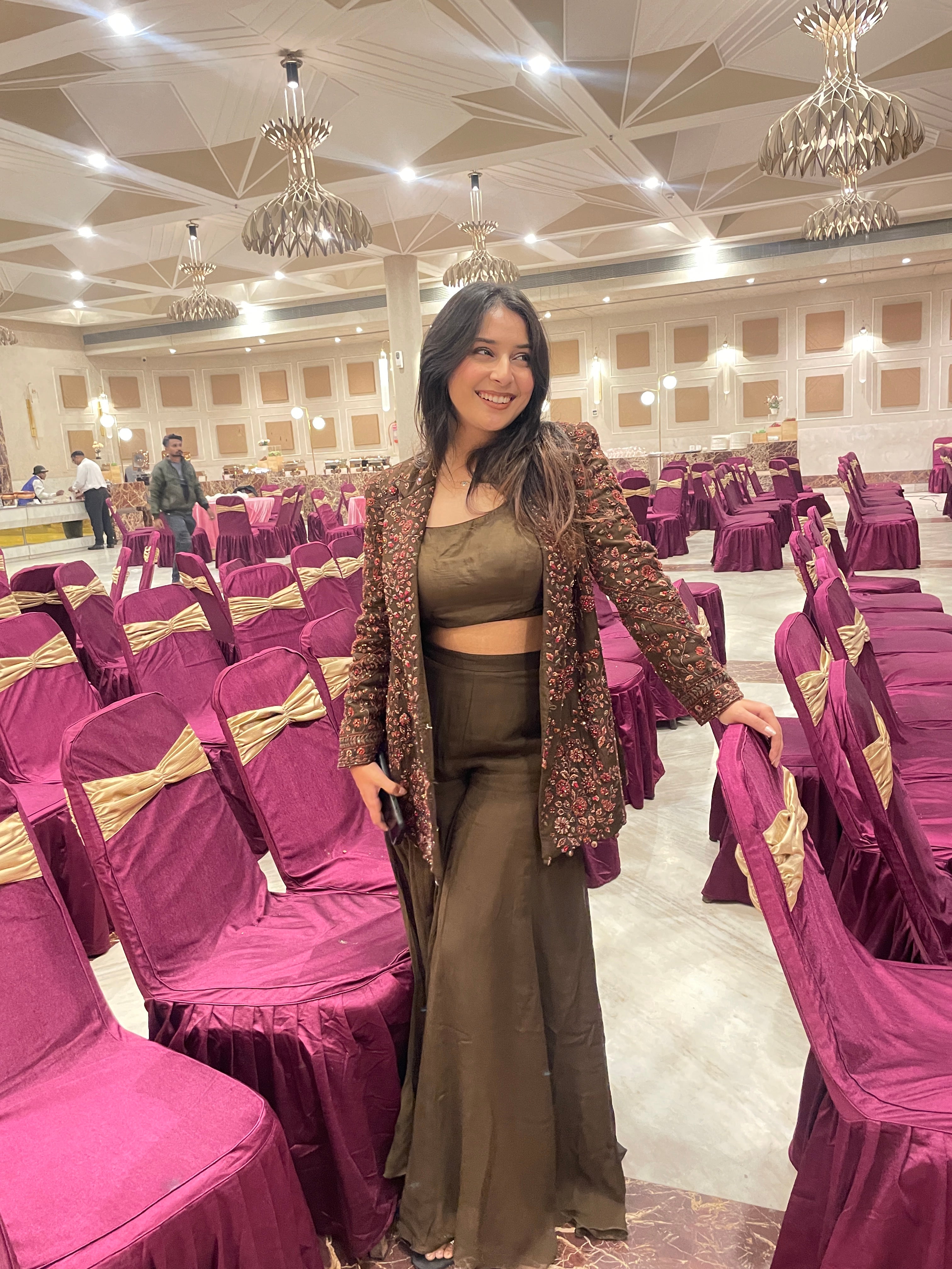 Olive Floral Palazzo With Full Work Jacket X Orepiya
