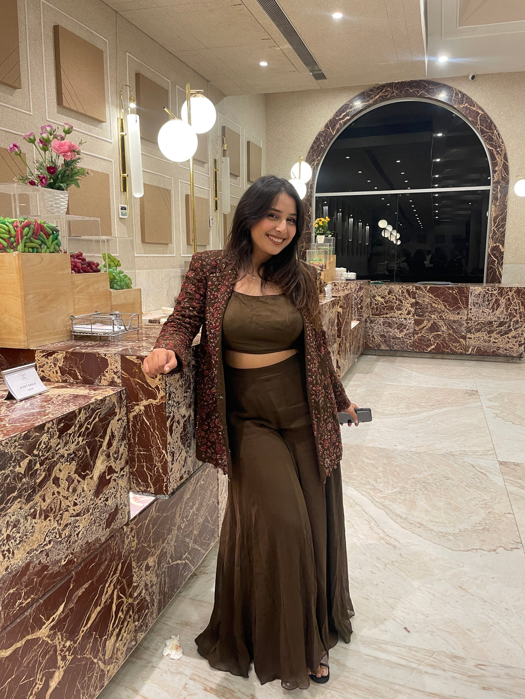 Olive Floral Palazzo With Full Work Jacket X Orepiya