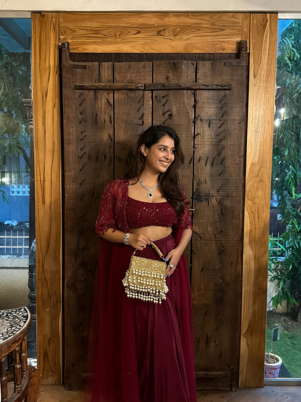 Red Indowestern With Draped Skirt X Orepiya