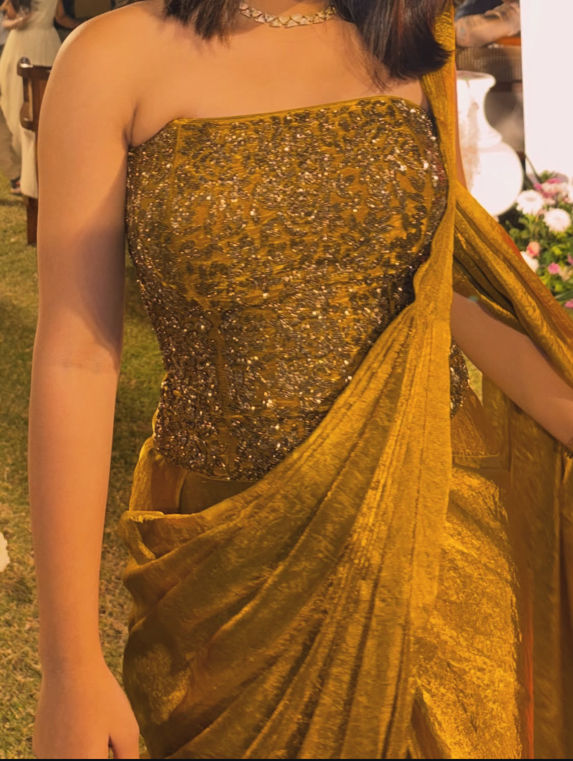 Gold Drape Saree with Beadwork Blouse X Riddhi