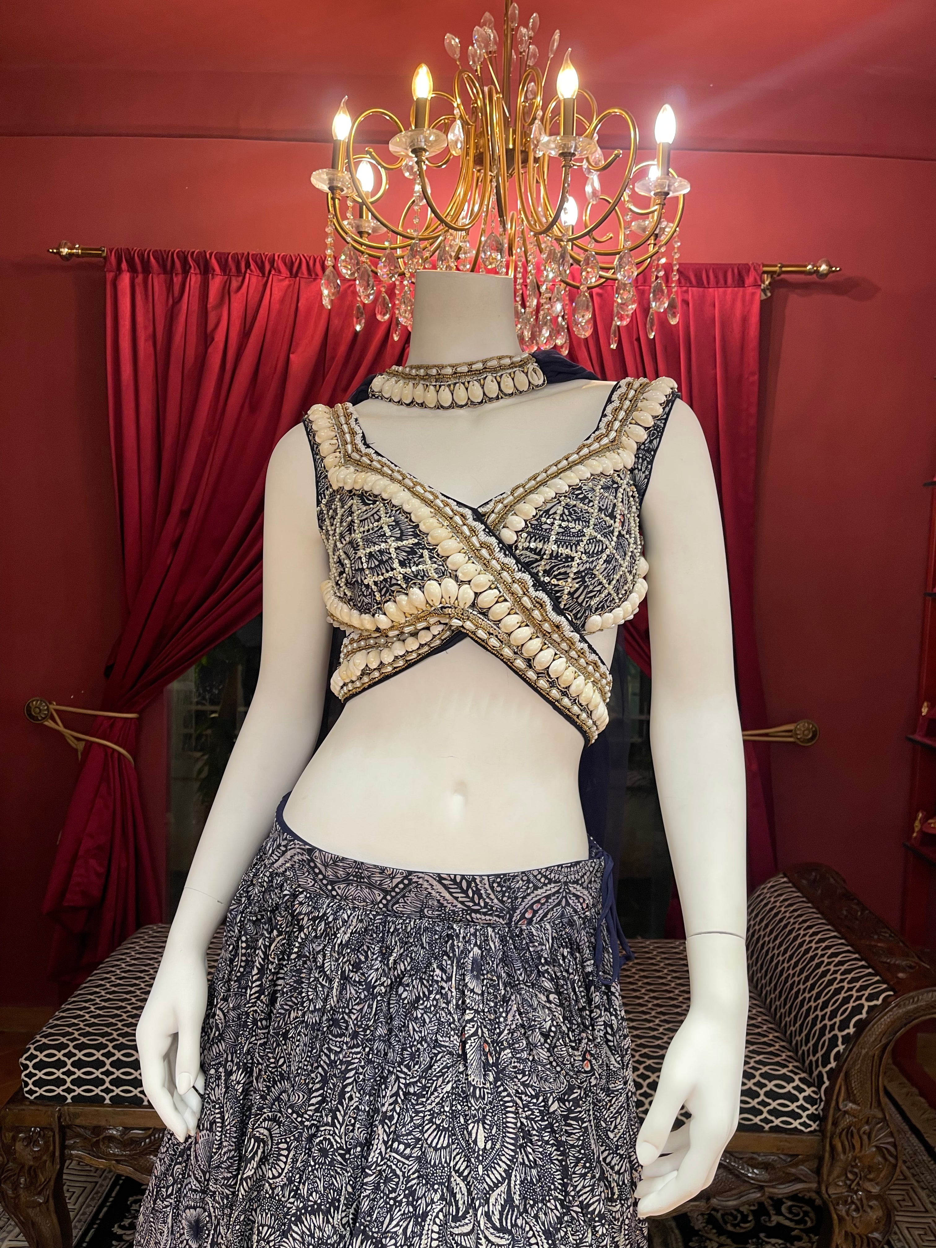 Blue Printed Shell Detail Lehenga