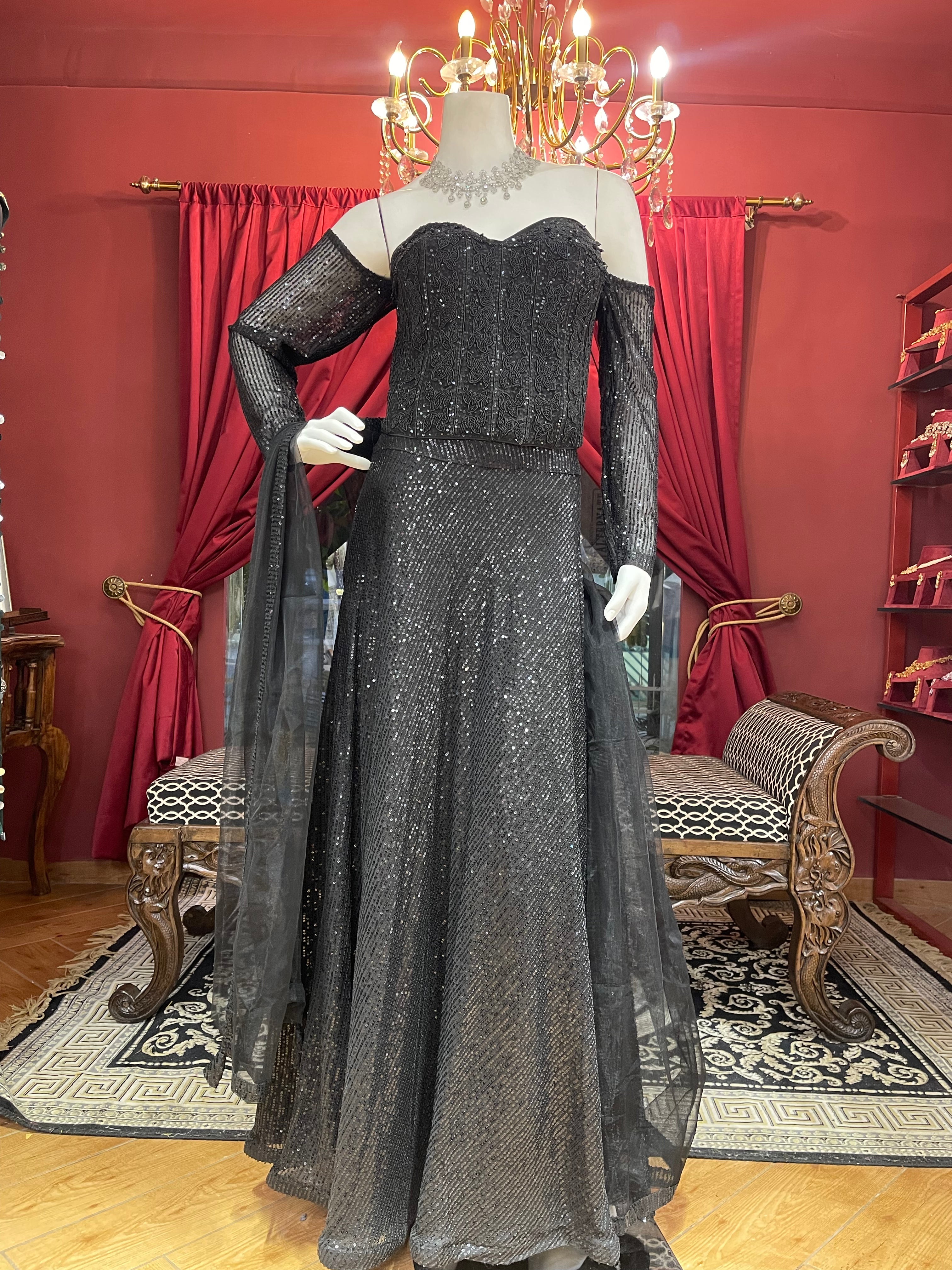 Black Sequin Fishcut Off-Sleeves Lehenga