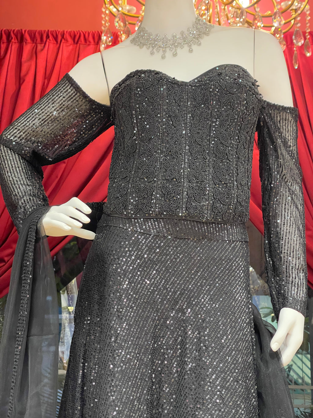 Black Sequin Fishcut Off-Sleeves Lehenga