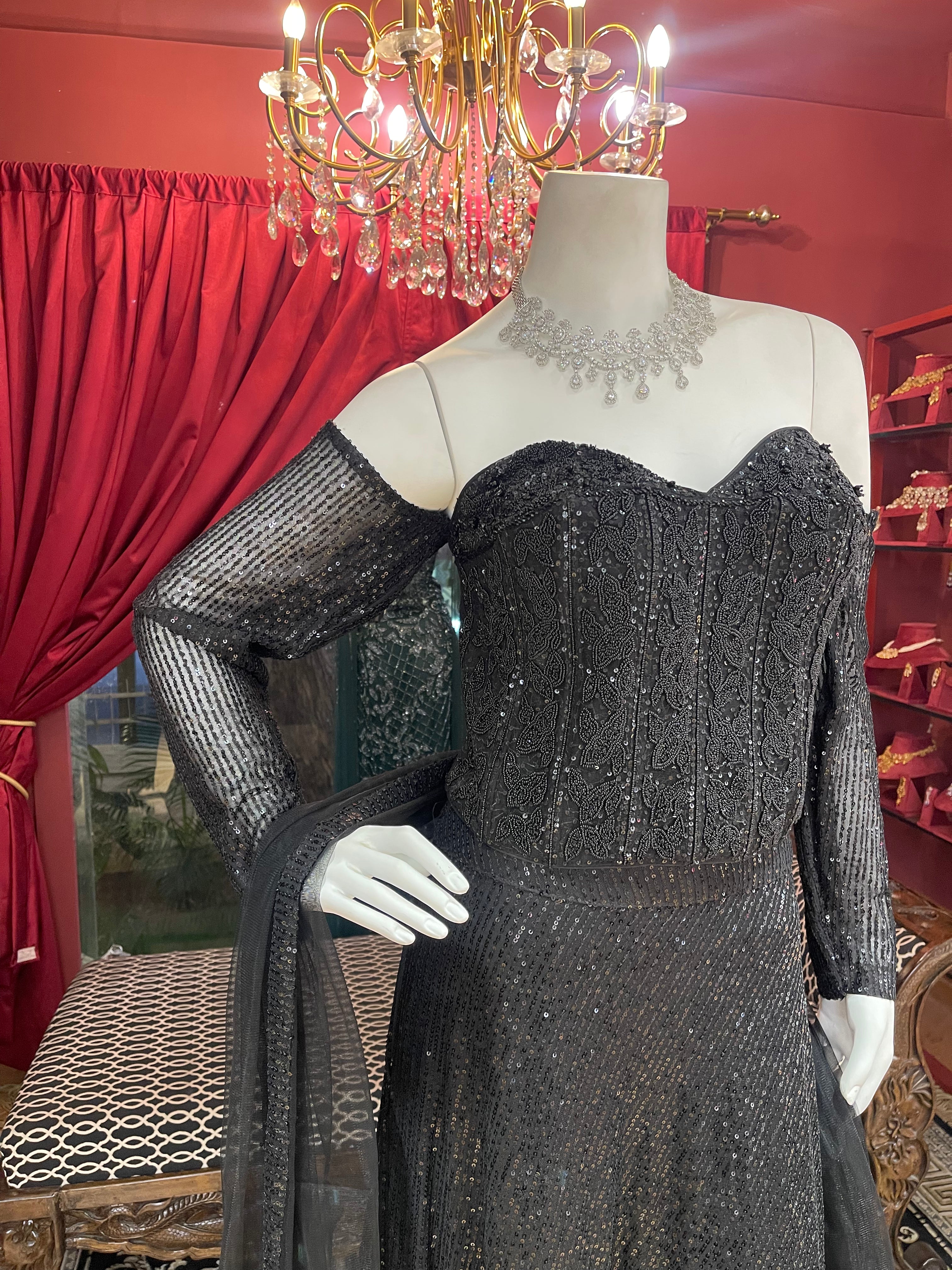 Black Sequin Fishcut Off-Sleeves Lehenga