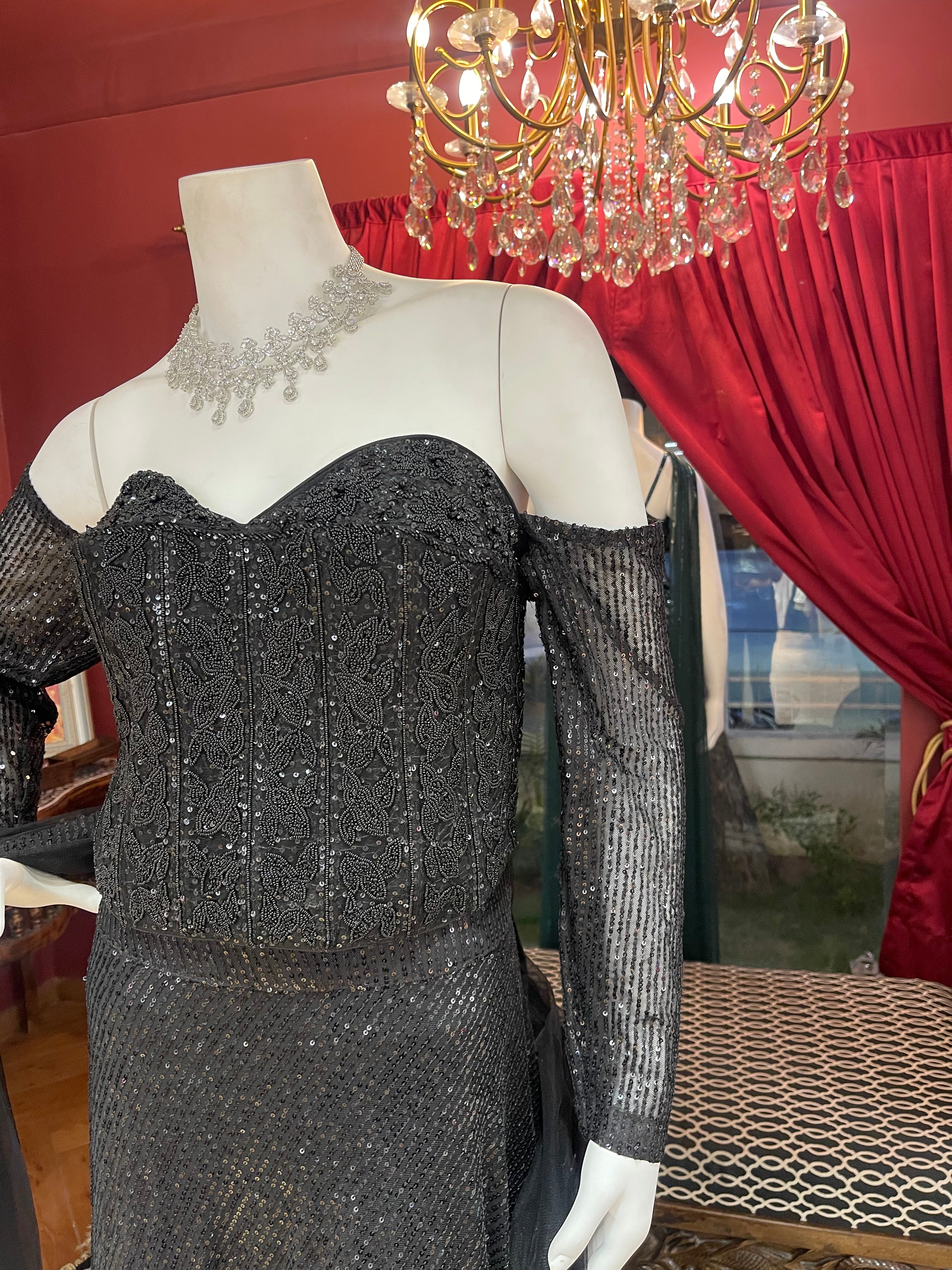 Black Sequin Fishcut Off-Sleeves Lehenga