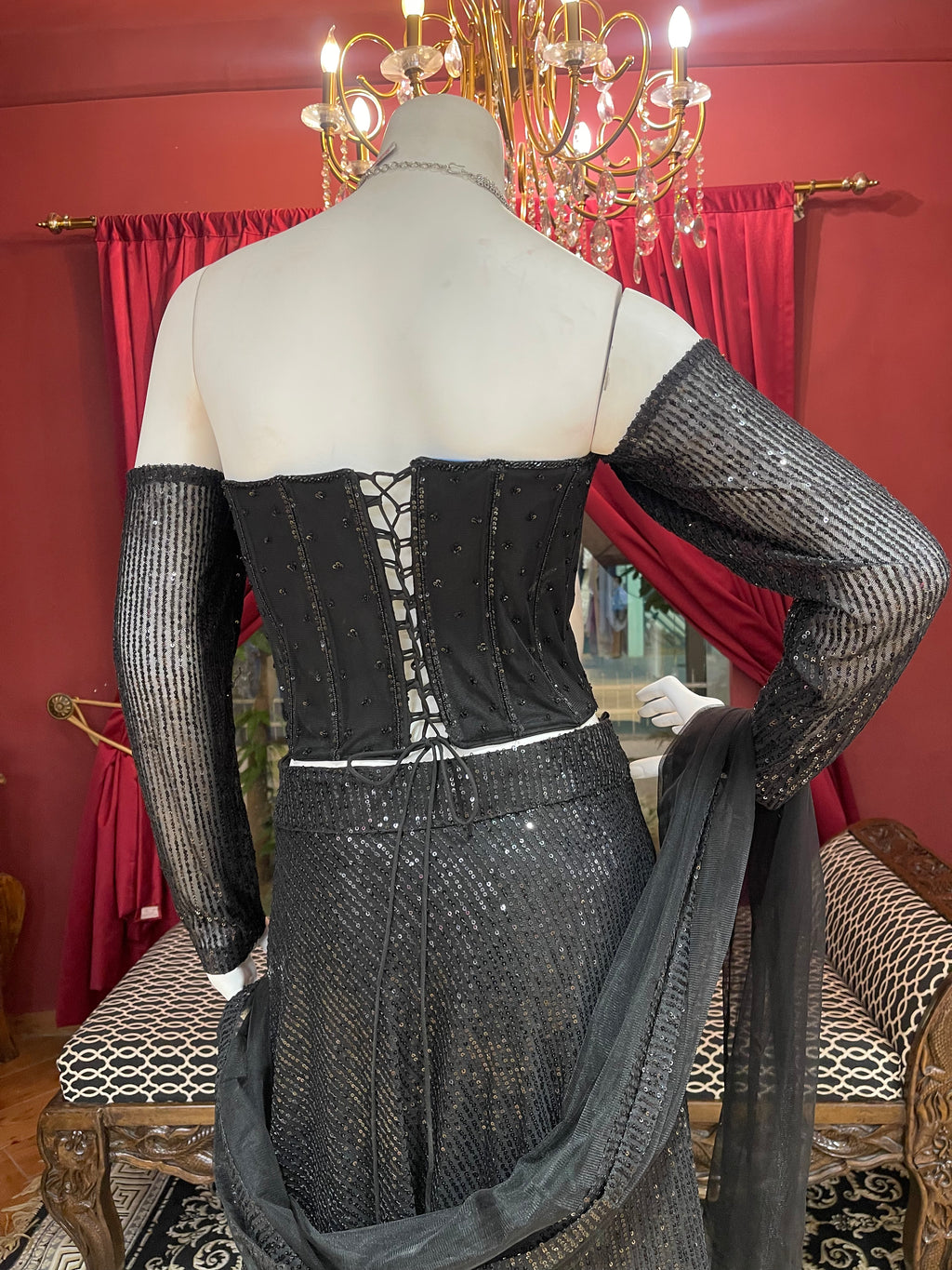 Black Sequin Fishcut Off-Sleeves Lehenga