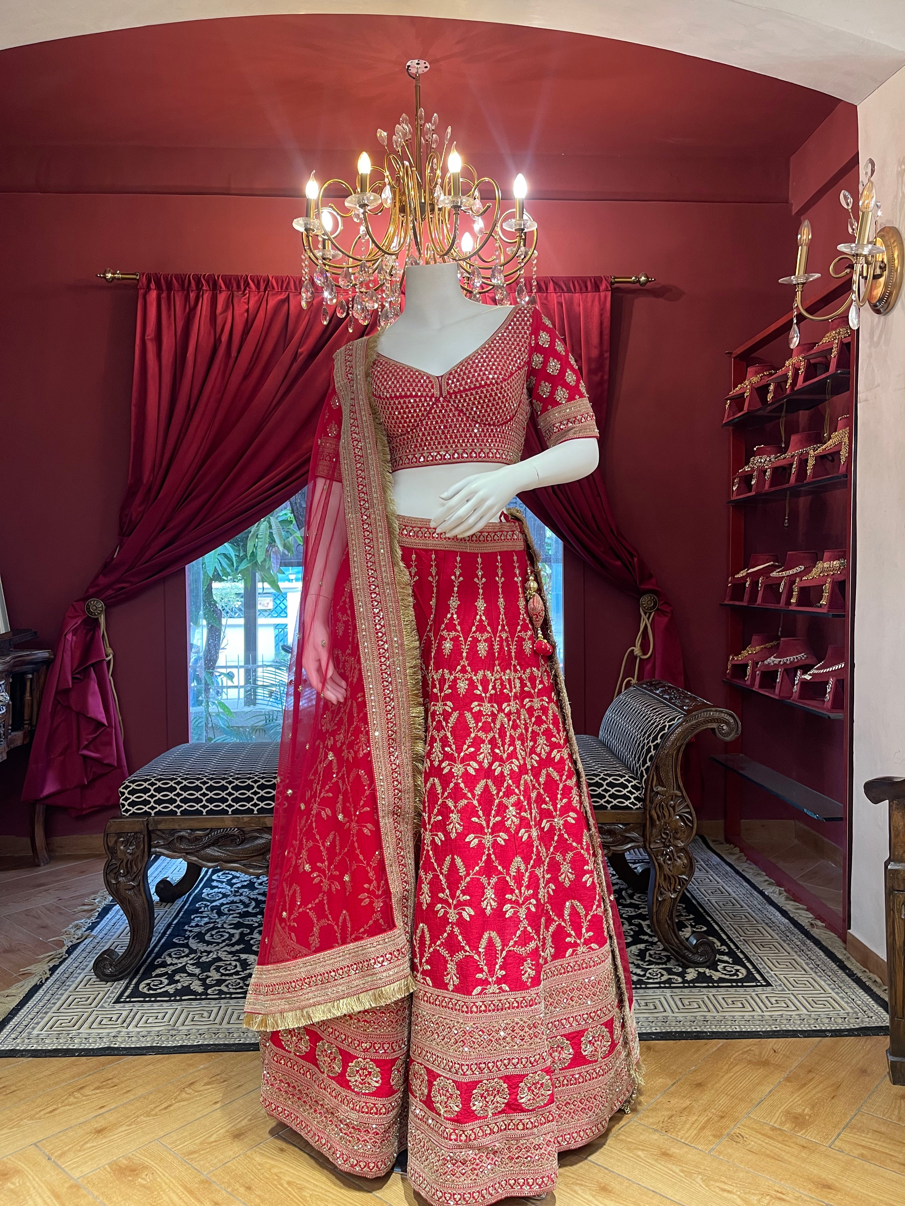 Red Threadwork Bridal Lehenga