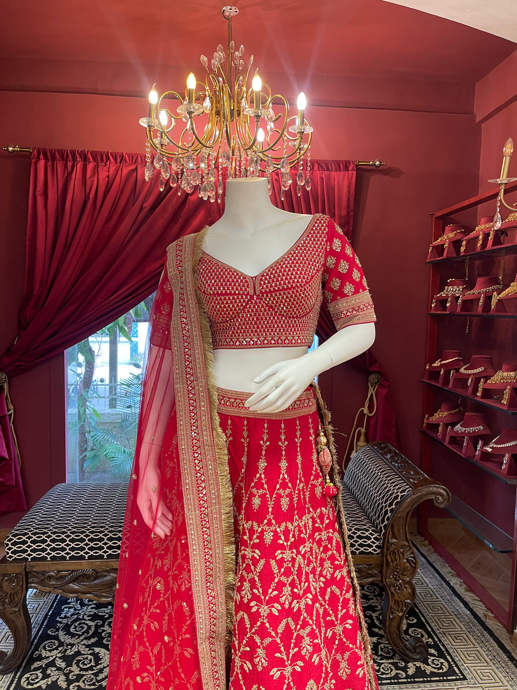 Red Threadwork Bridal Lehenga