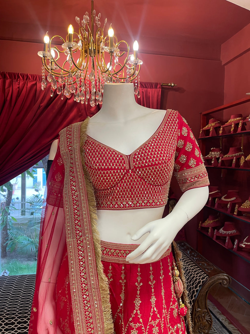 Red Threadwork Bridal Lehenga