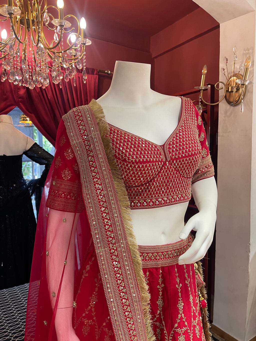 Red Threadwork Bridal Lehenga
