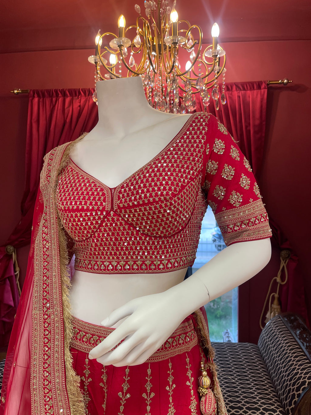 Red Threadwork Bridal Lehenga