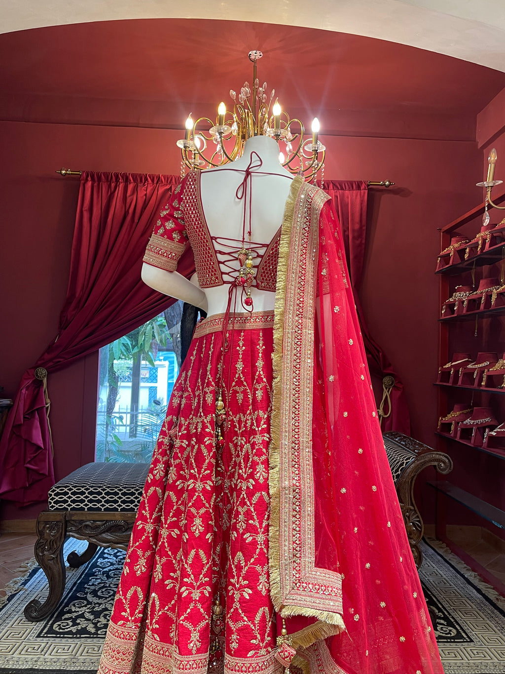 Red Threadwork Bridal Lehenga
