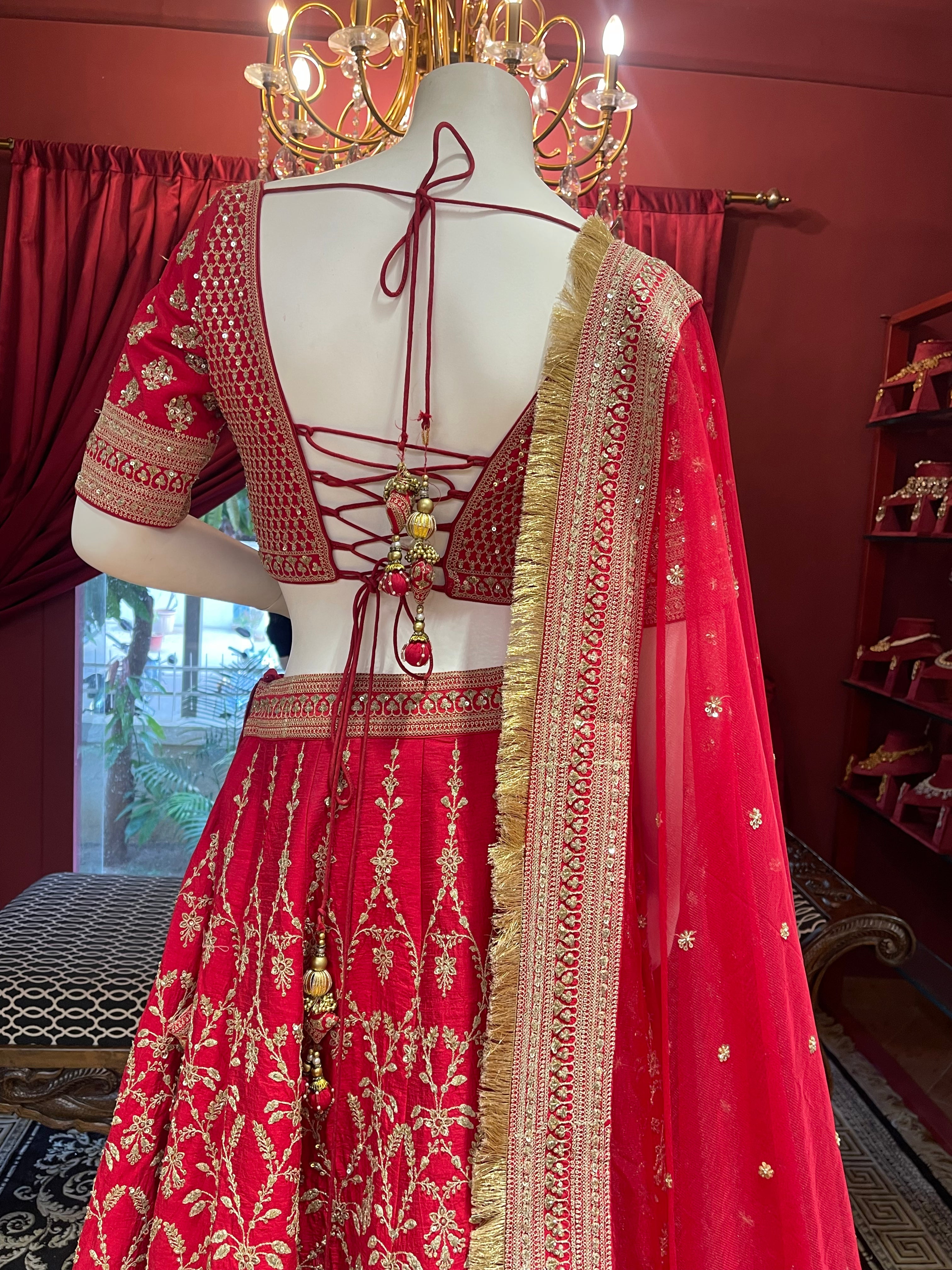 Red Threadwork Bridal Lehenga