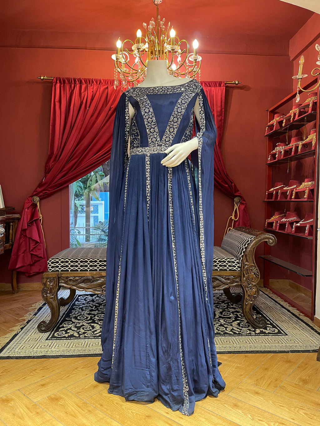 Blue cape style sleeves gown