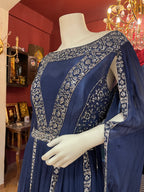 Blue cape style sleeves gown