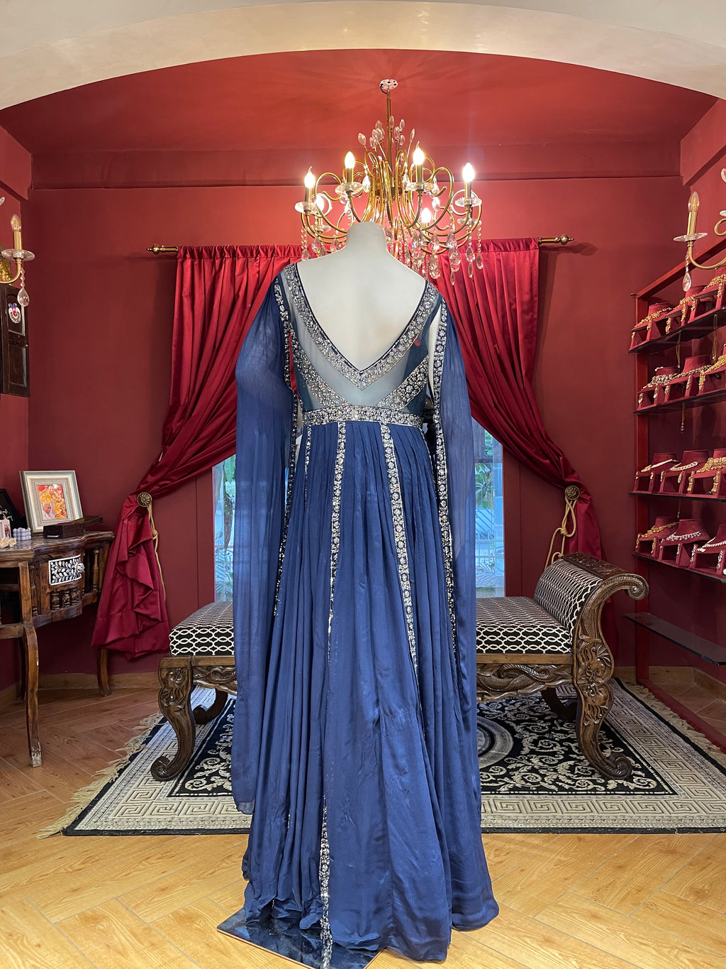 Blue cape style sleeves gown