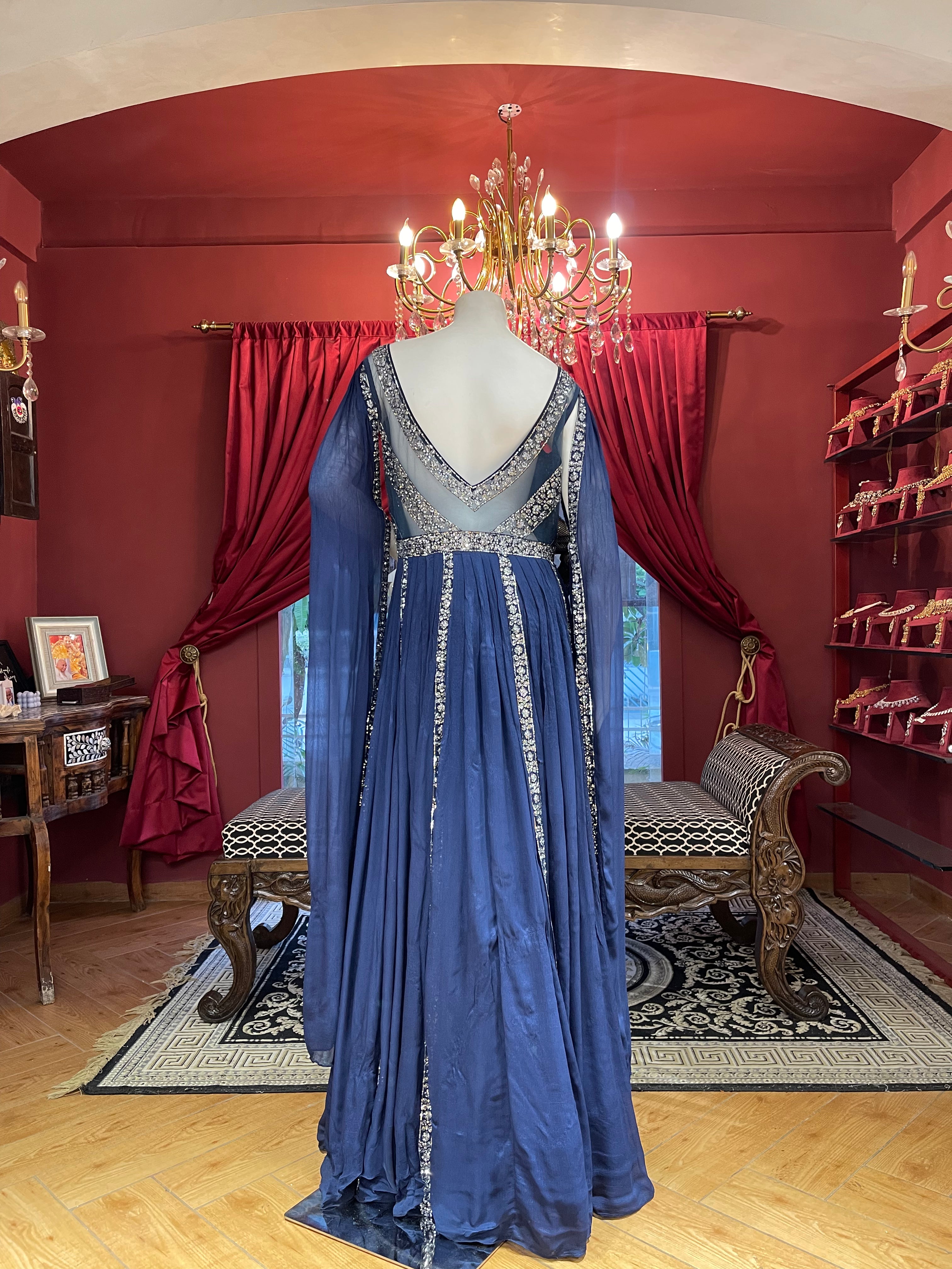 Blue cape style sleeves gown