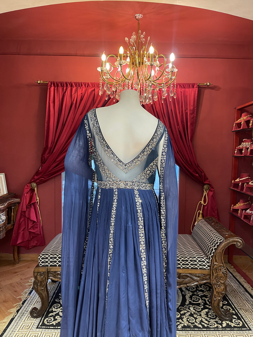 Blue cape style sleeves gown