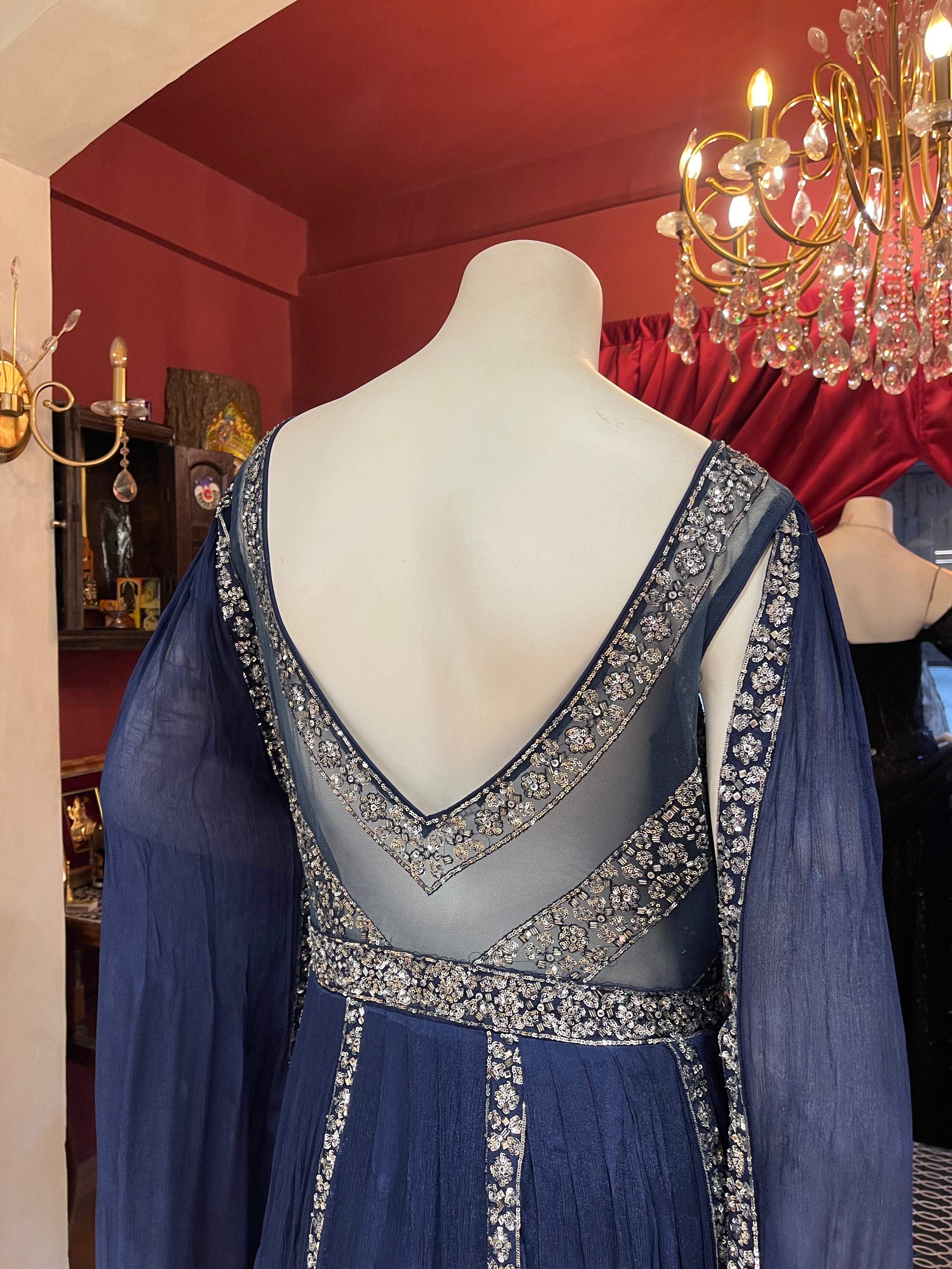 Blue cape style sleeves gown