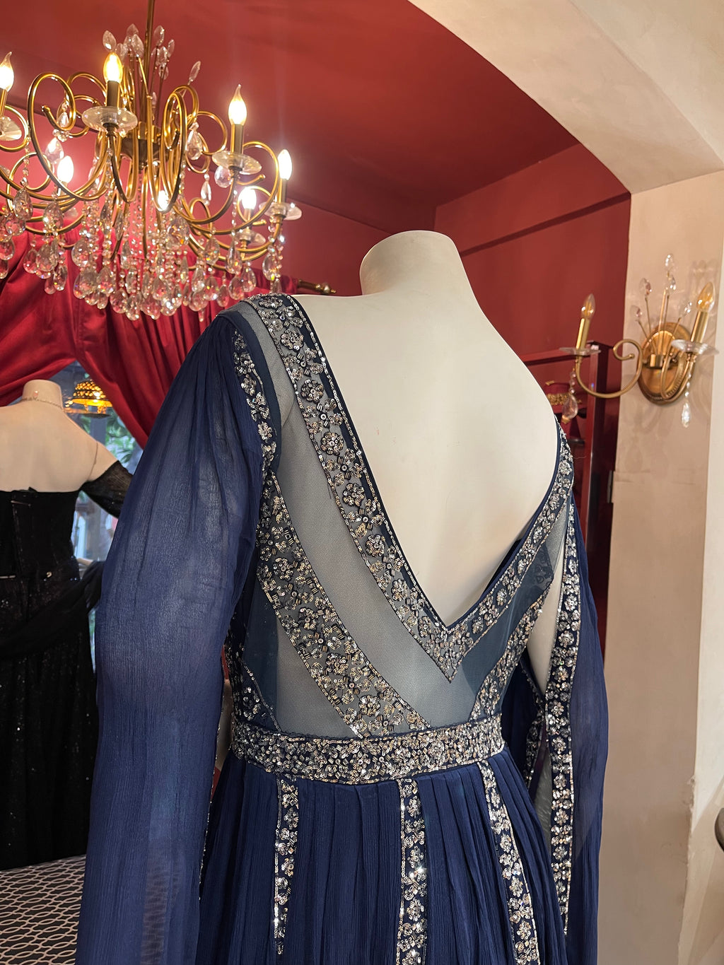 Blue cape style sleeves gown