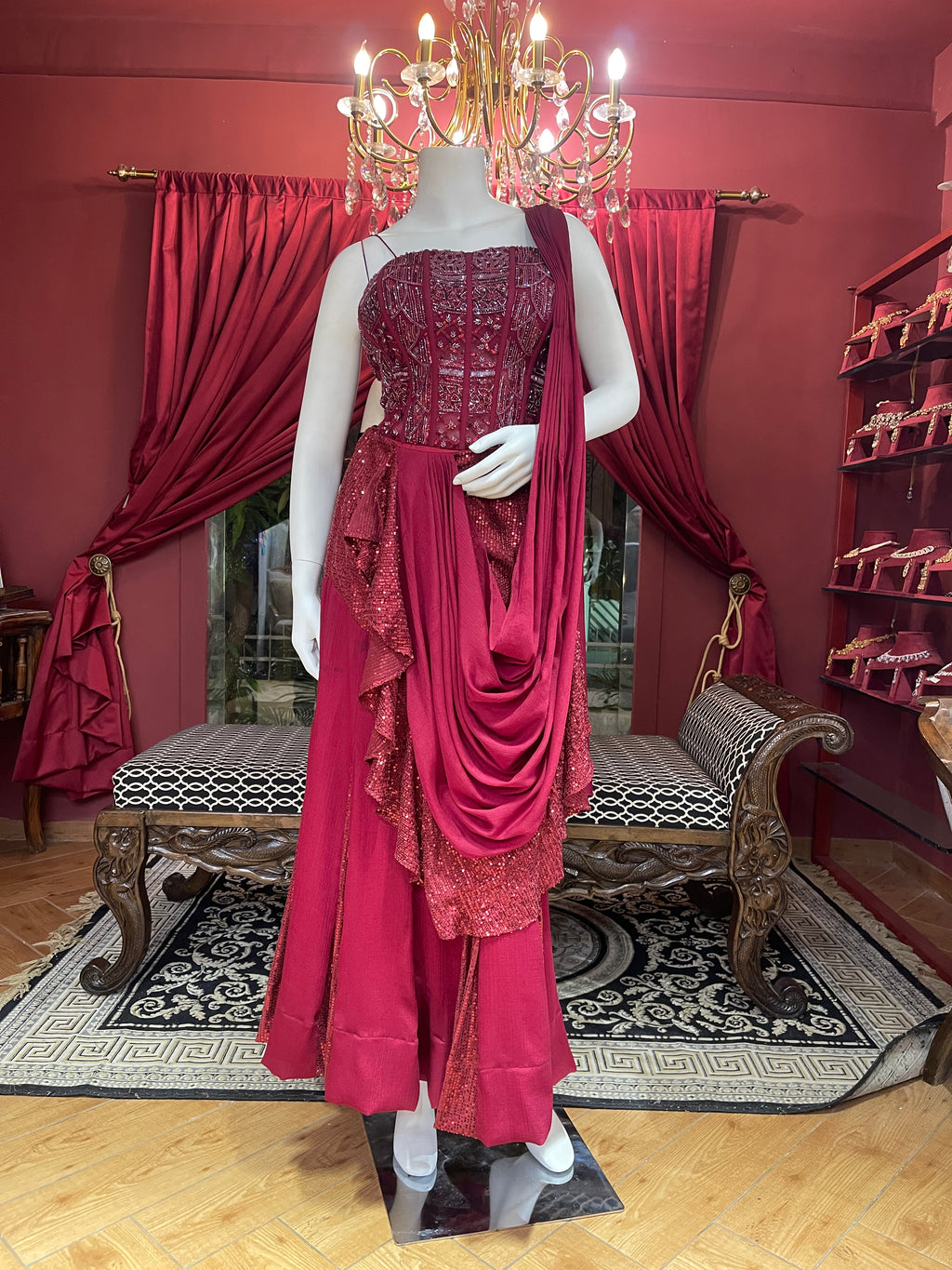 Red Corset Drape Saree