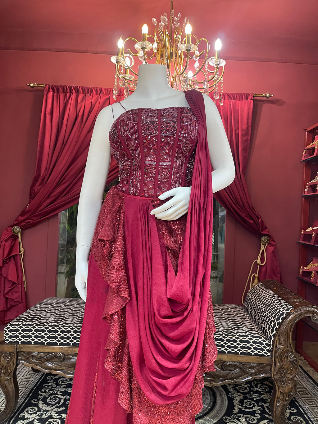 Red Corset Drape Saree
