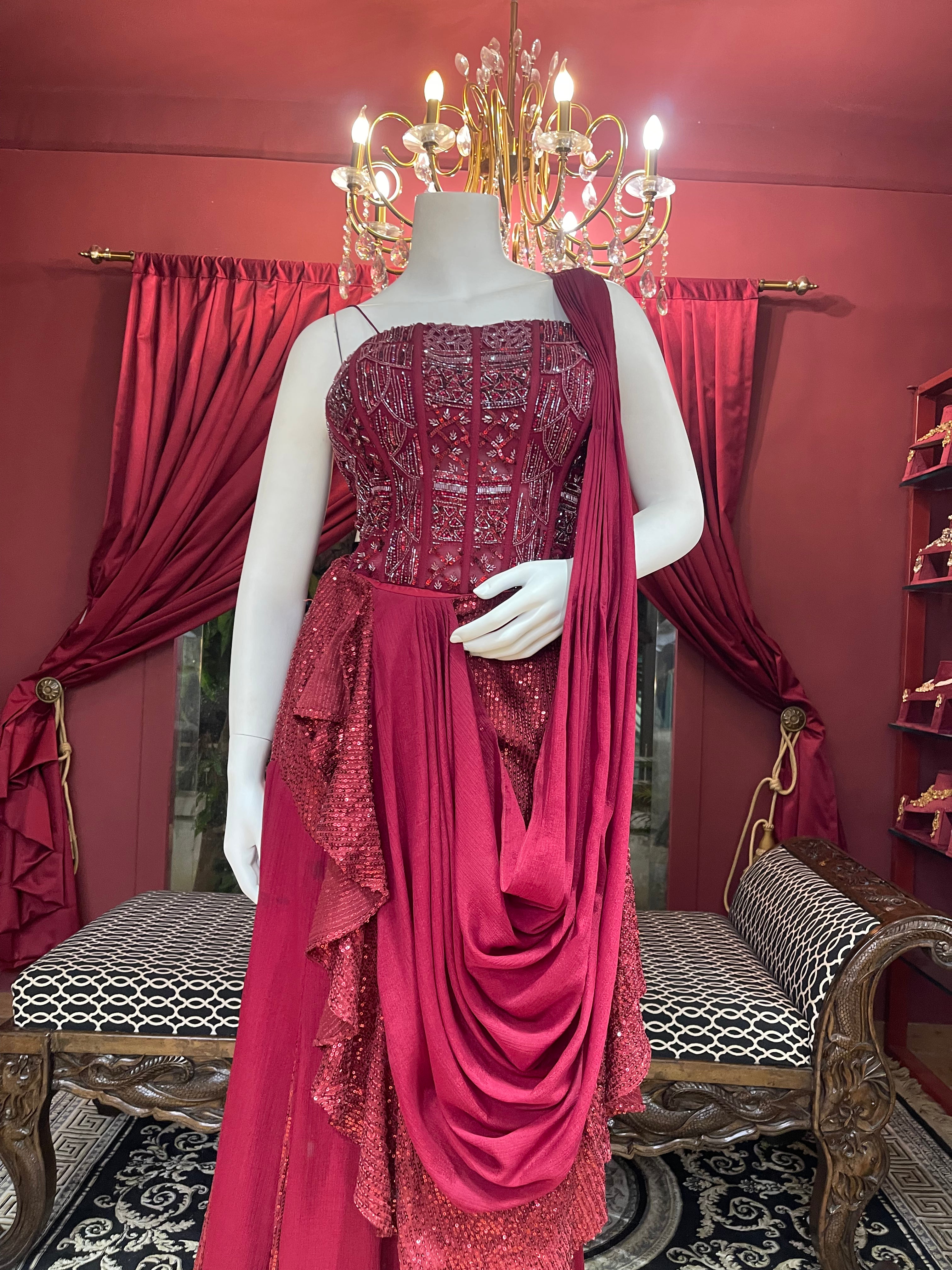 Red Corset Drape Saree