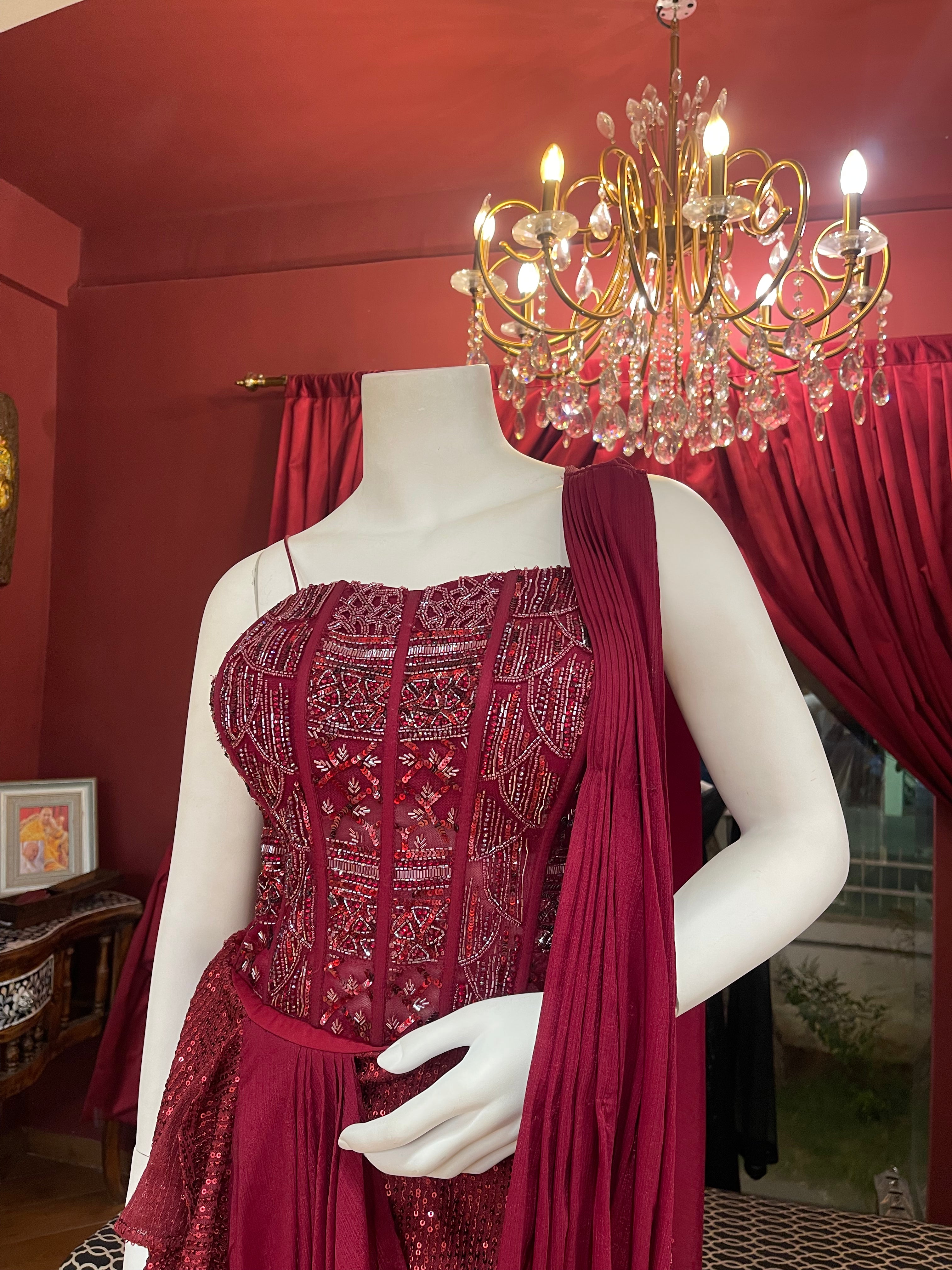 Red Corset Drape Saree