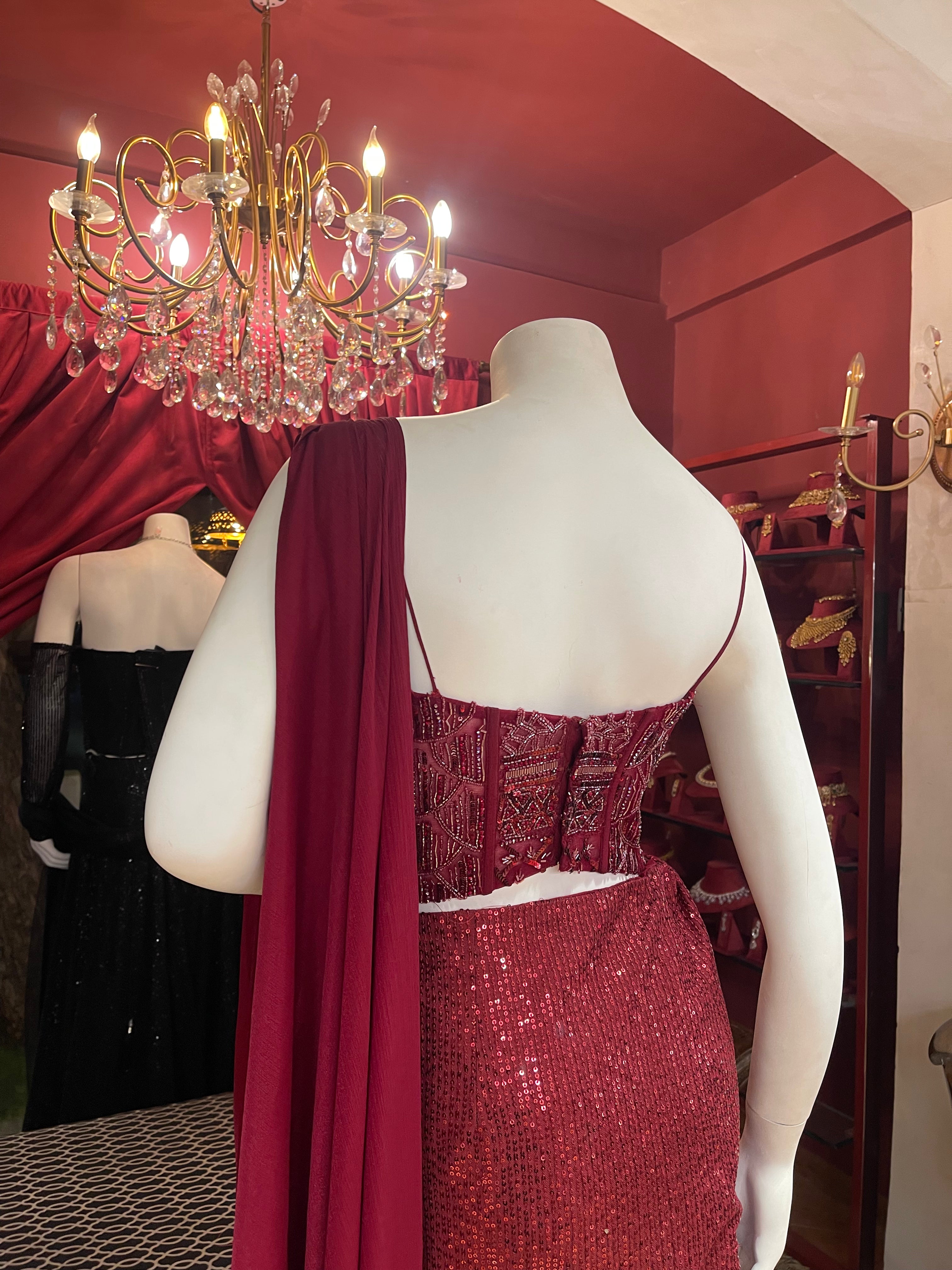 Red Corset Drape Saree