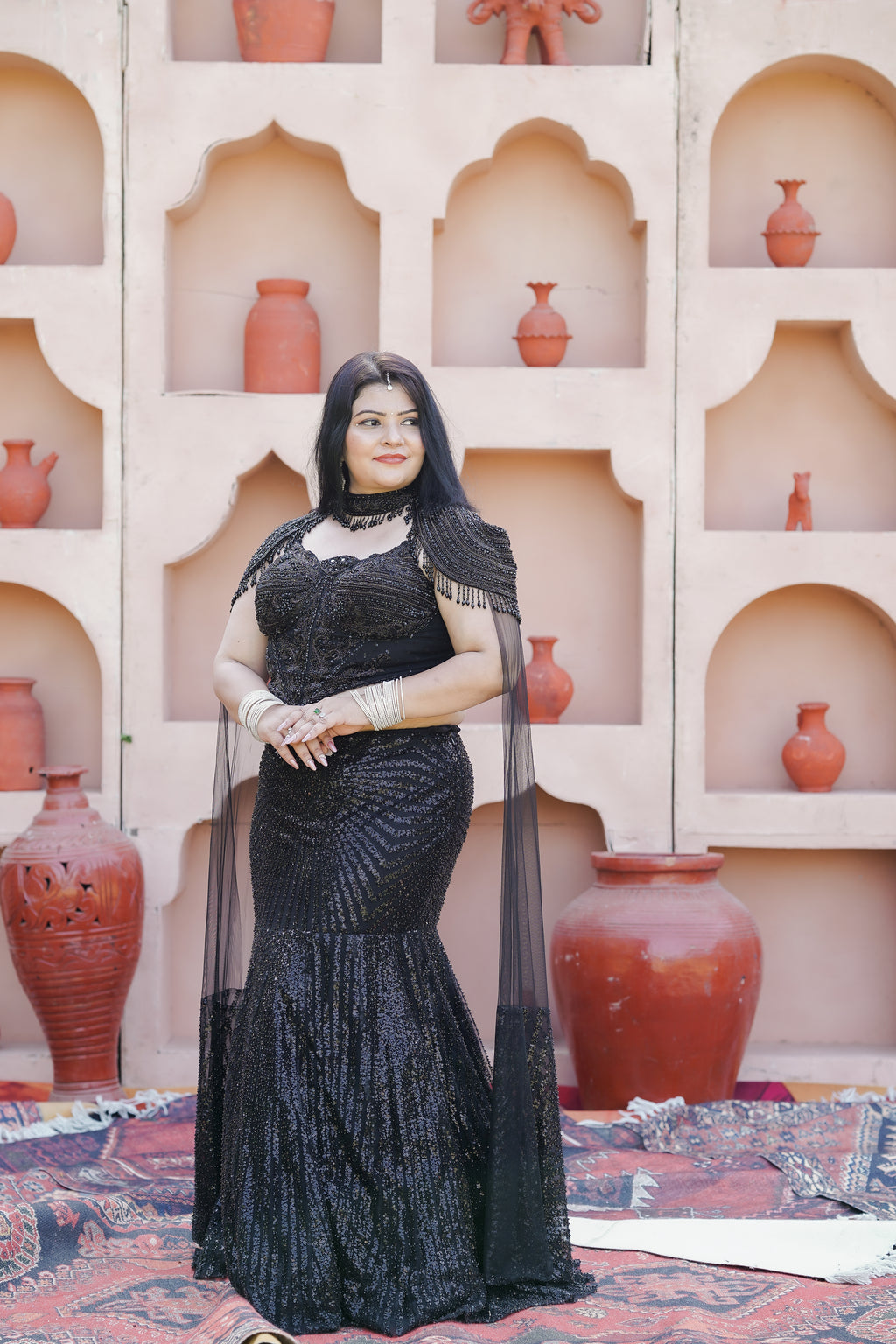 Black Sequin Lehenga with Cape Style And Corset Blouse