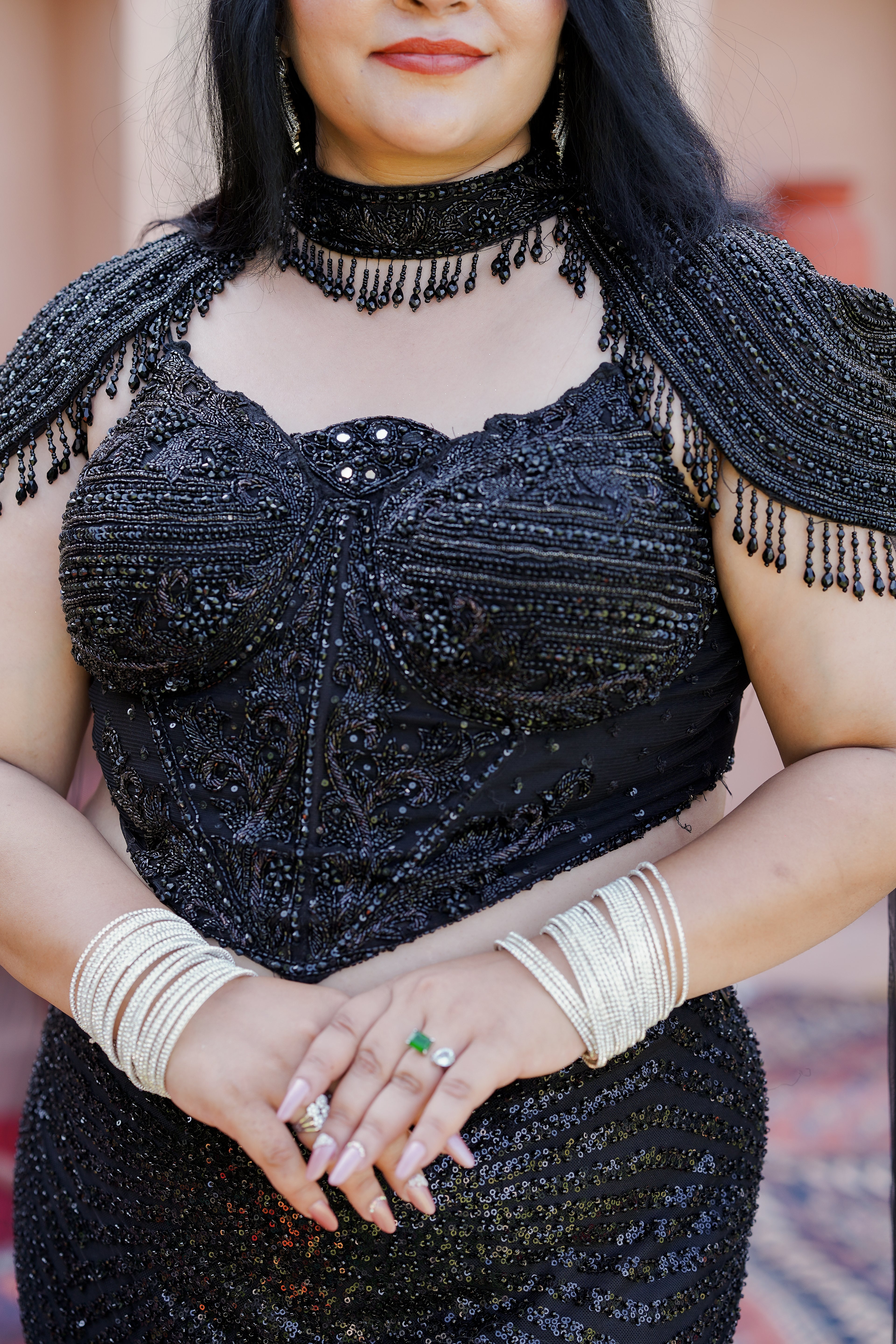 Black Sequin Lehenga with Cape Style And Corset Blouse