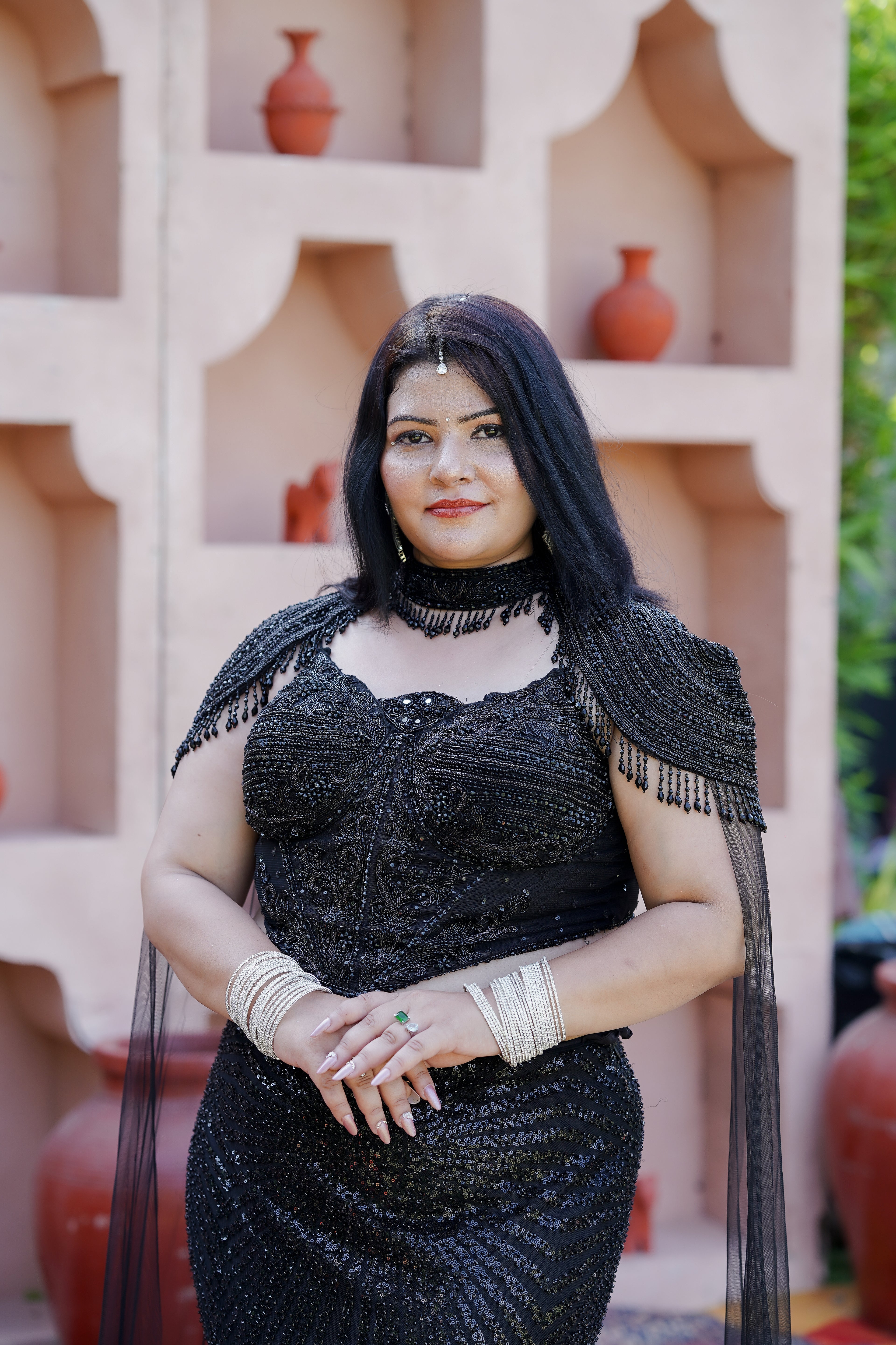 Black Sequin Lehenga with Cape Style And Corset Blouse