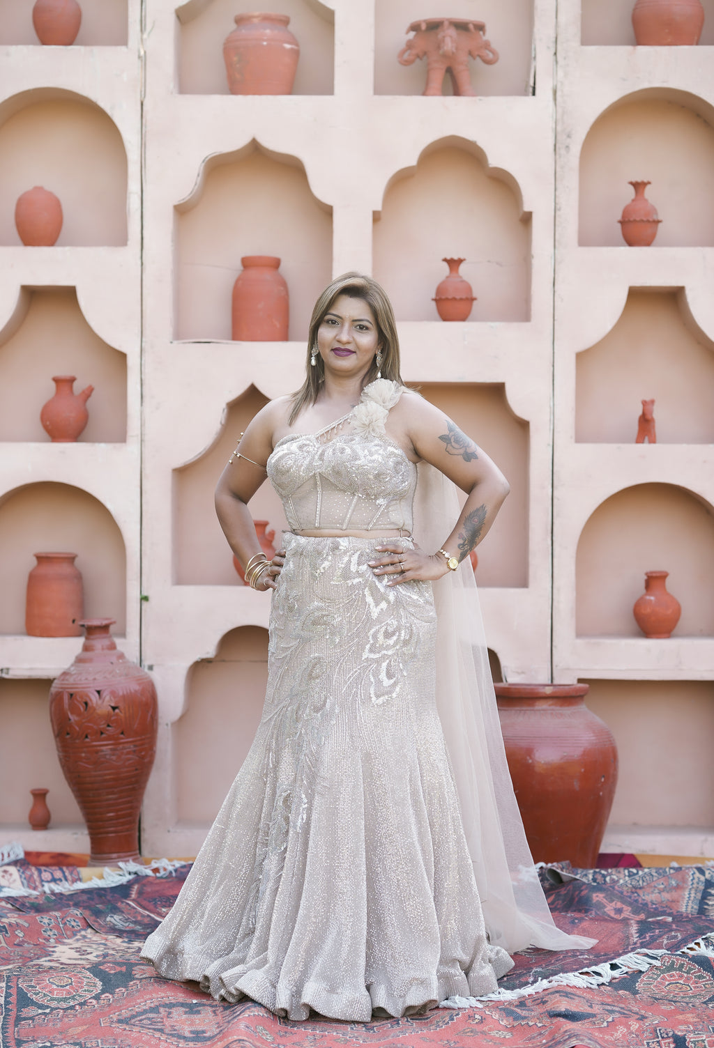 Champagne Crystal Corset One Shoulder Lehenga