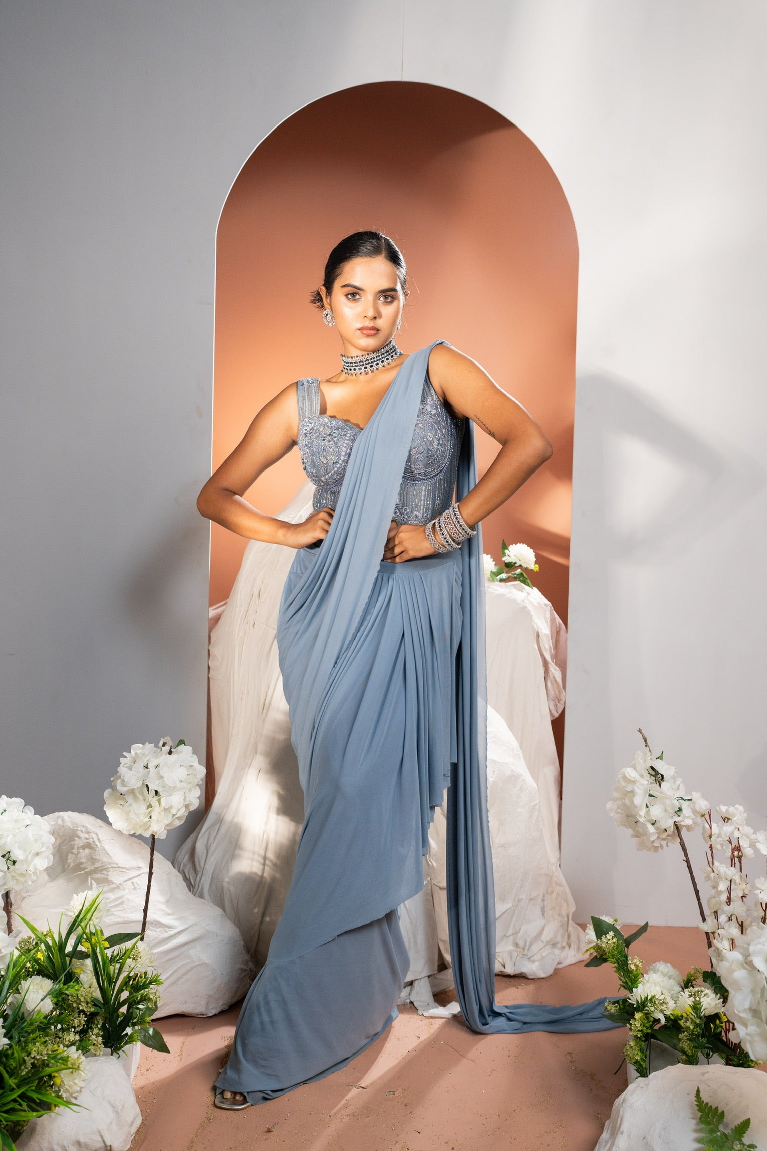 Powder Blue Pre Pleated Saree with Handwork Corset Blouse