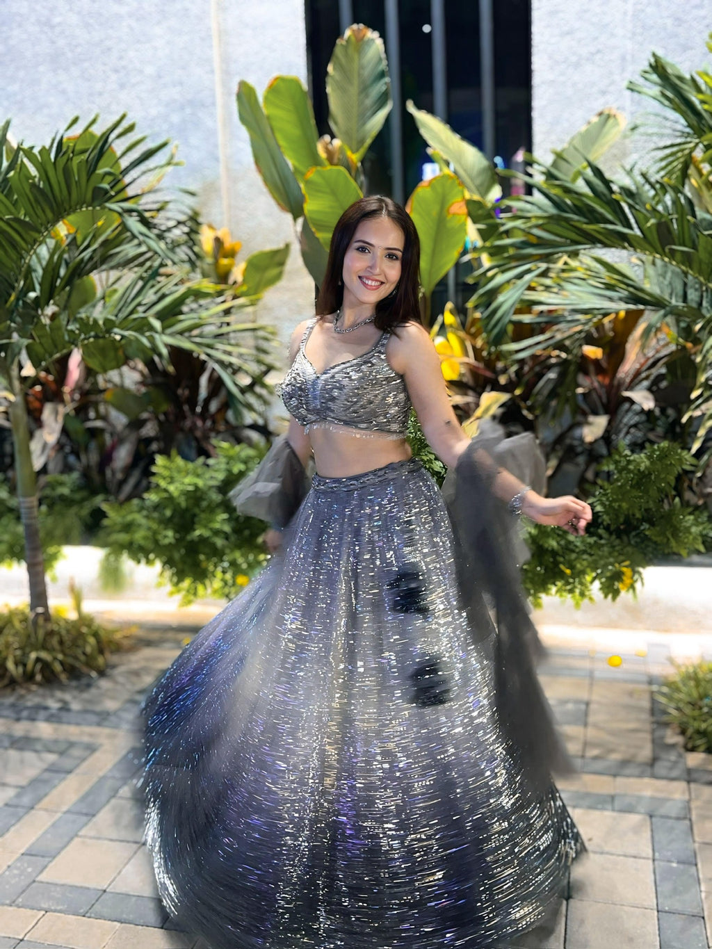 Silver to Black Ombre Sequined Lehenga Choli