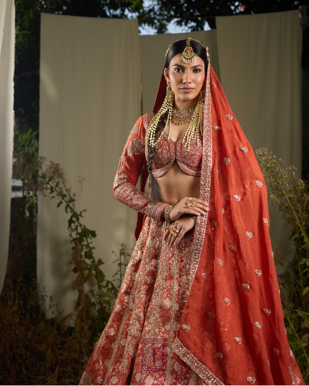 Rust Full Sleeves Bridal Lehenga X Roohbab