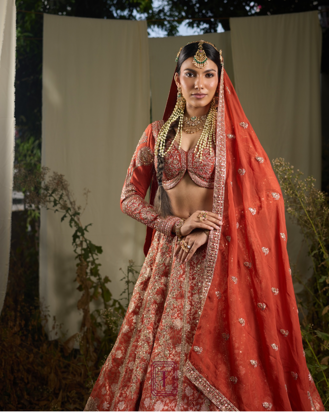Rust Full Sleeves Bridal Lehenga X Roohbab