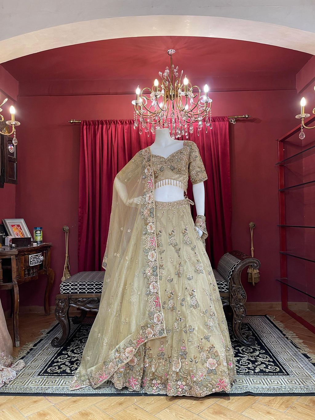 metalic beige tissue and net lehengha