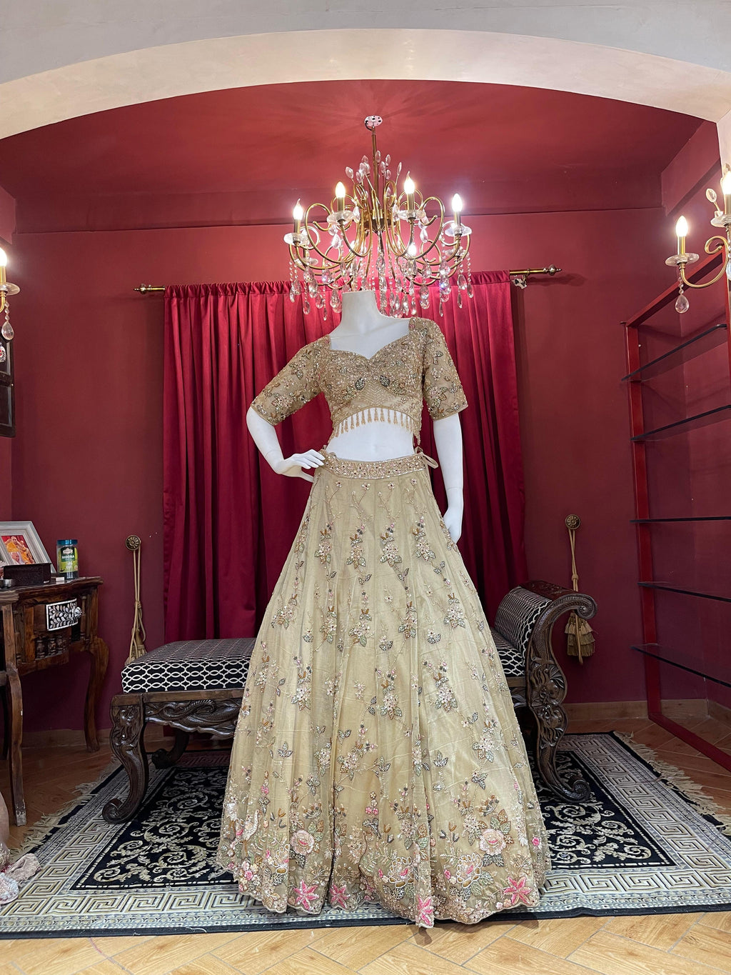 metalic beige tissue and net lehengha