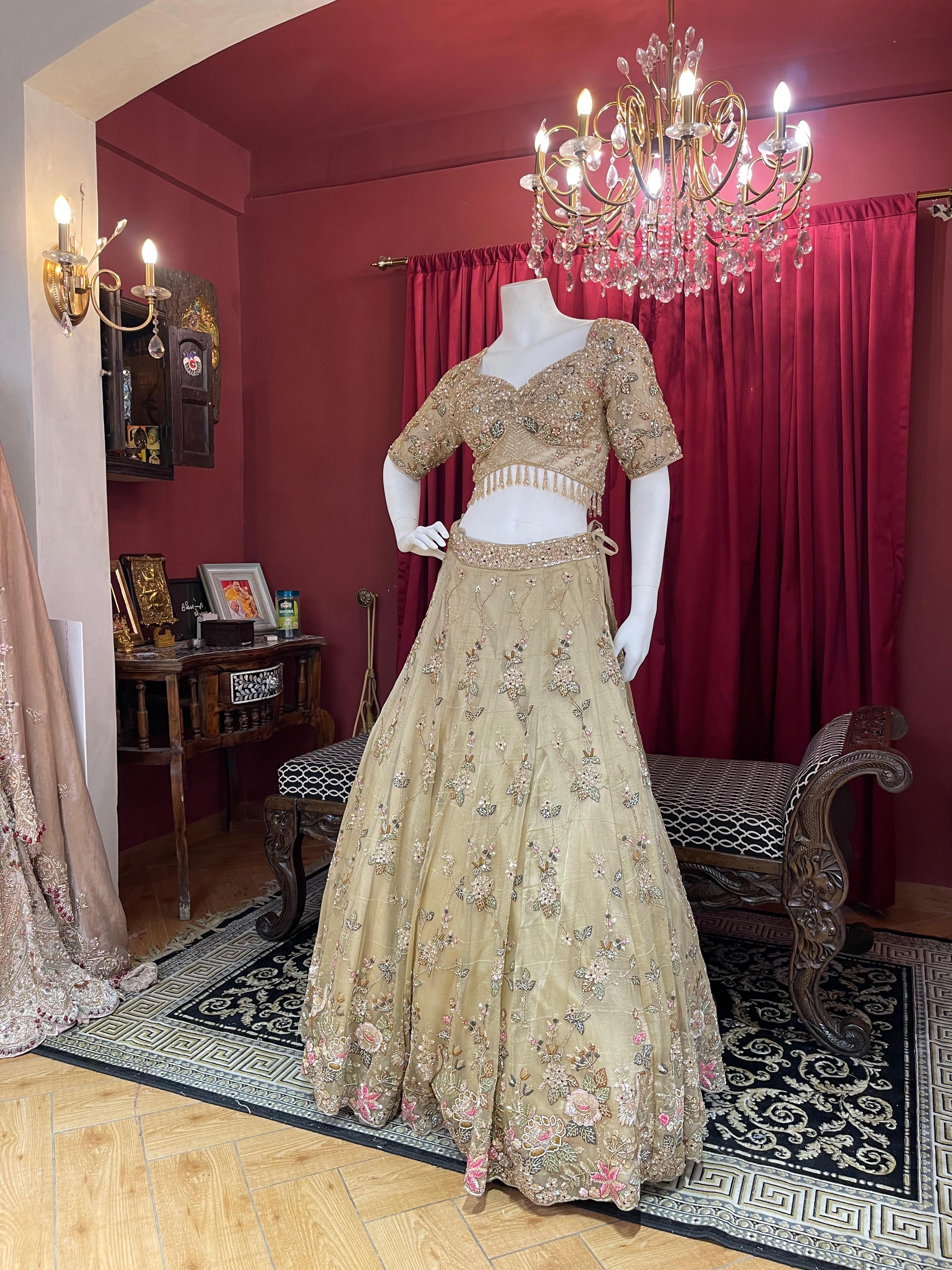 metalic beige tissue and net lehengha