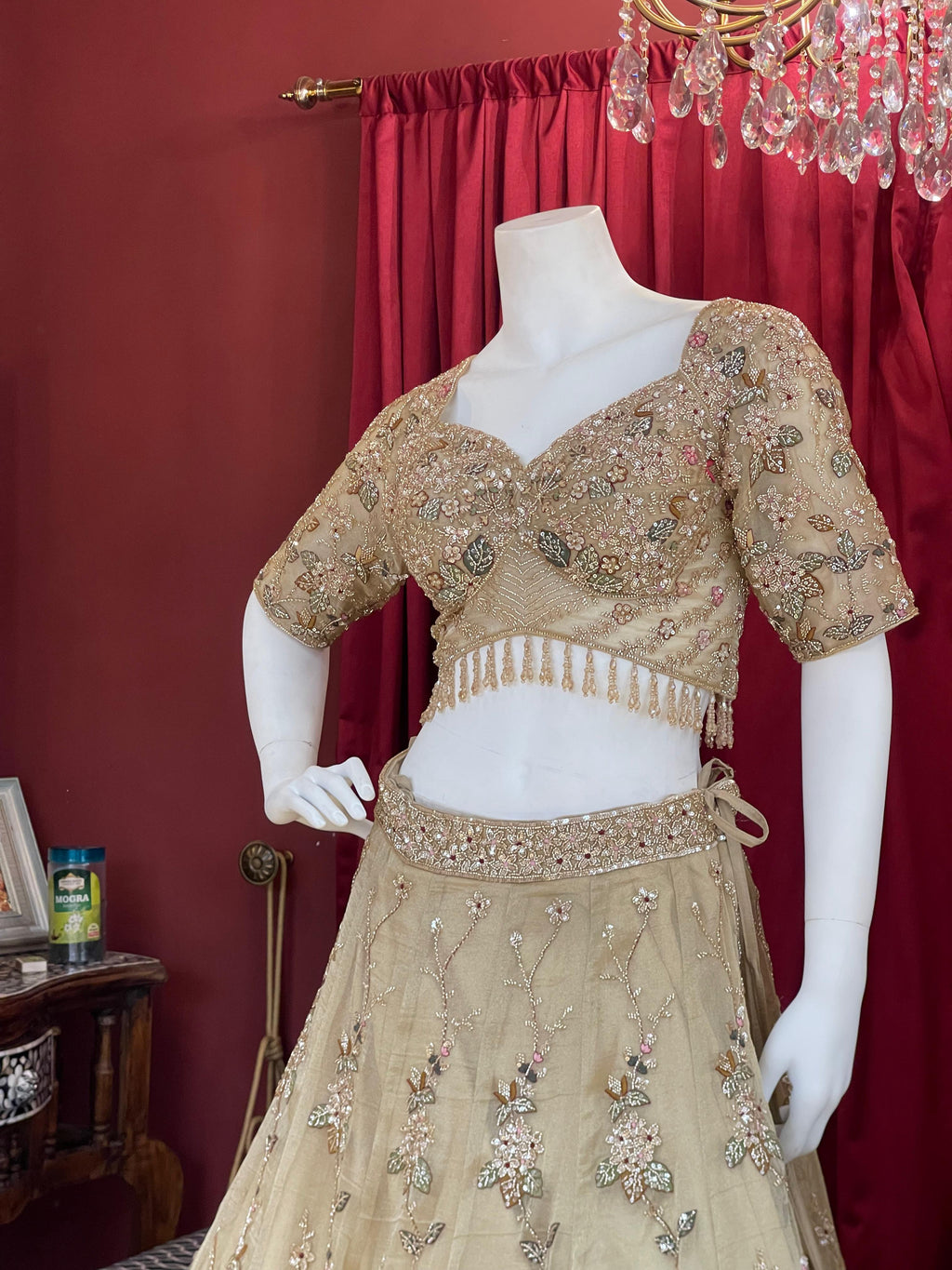 metalic beige tissue and net lehengha