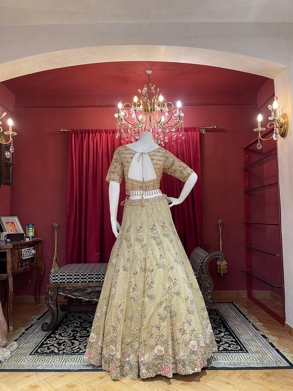 metalic beige tissue and net lehengha