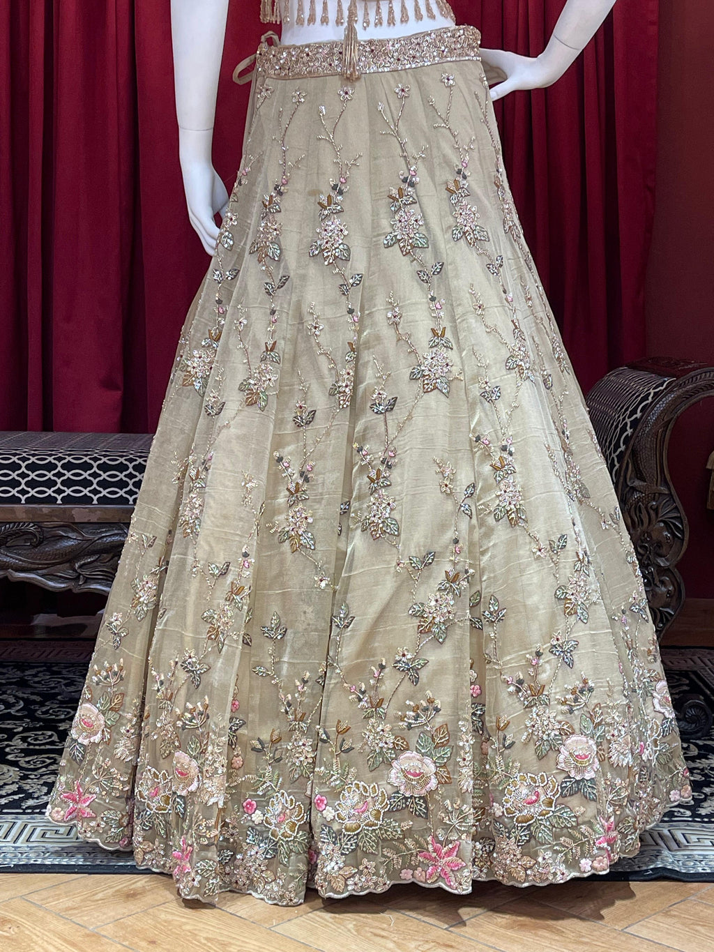 metalic beige tissue and net lehengha