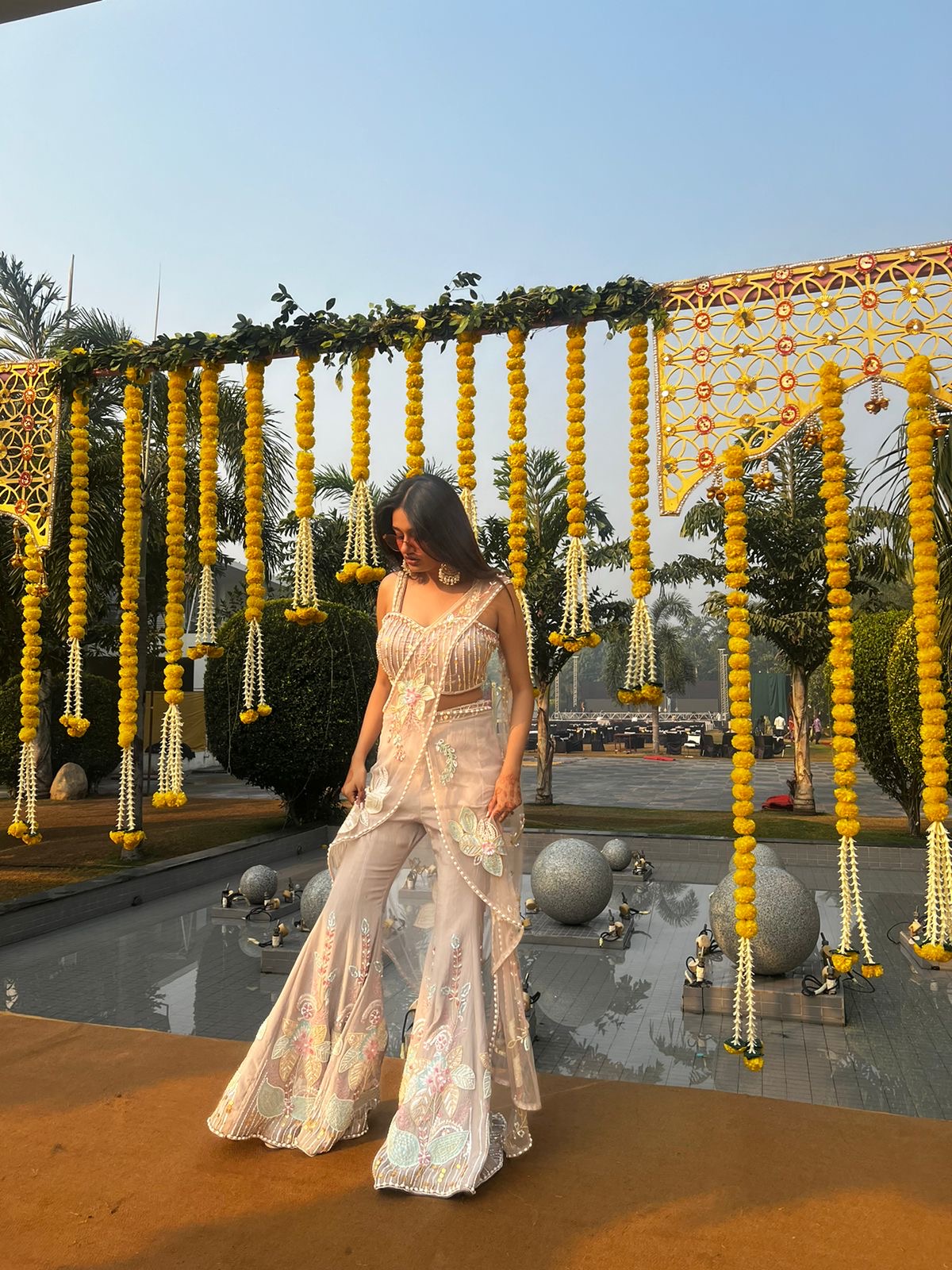 PDP grey, fully hand-embroidered, saree-style Indo-Western palazzo set.