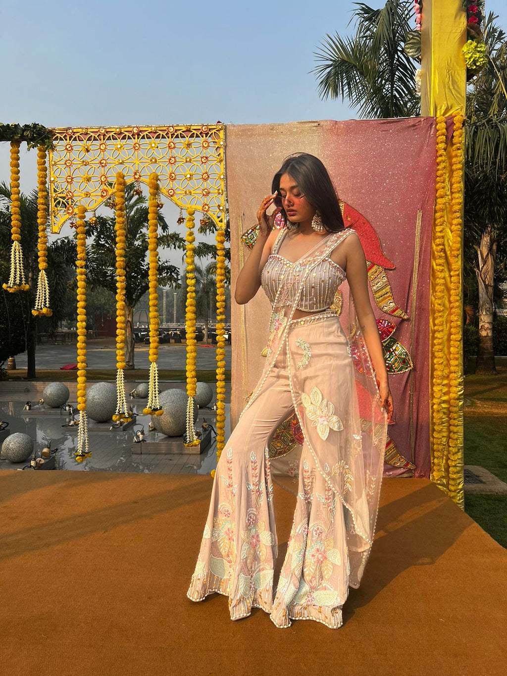 PDP grey, fully hand-embroidered, saree-style Indo-Western palazzo set.