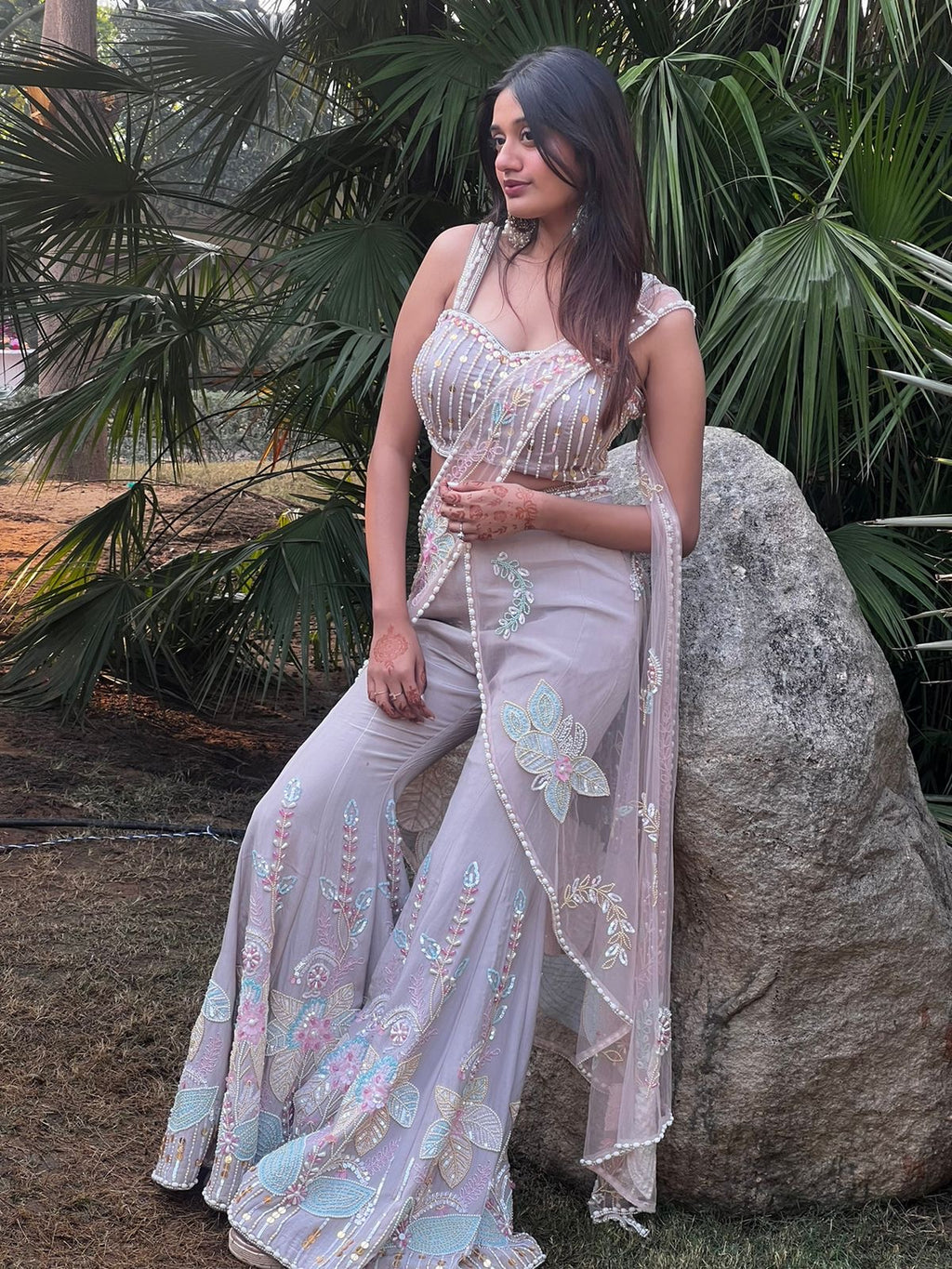 PDP grey, fully hand-embroidered, saree-style Indo-Western palazzo set.