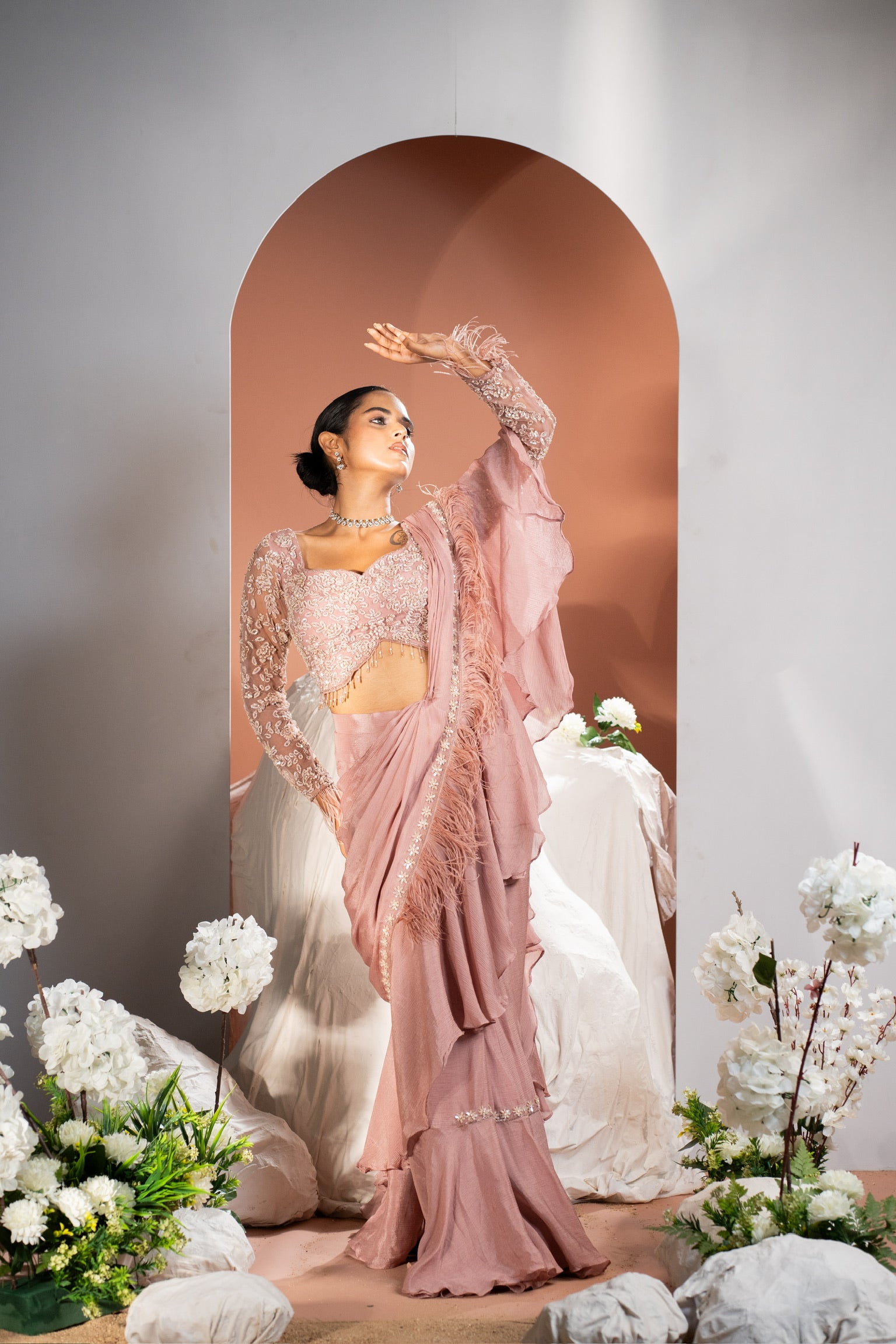 Dusty Rose full-sleeved handwork blouse with feathers
